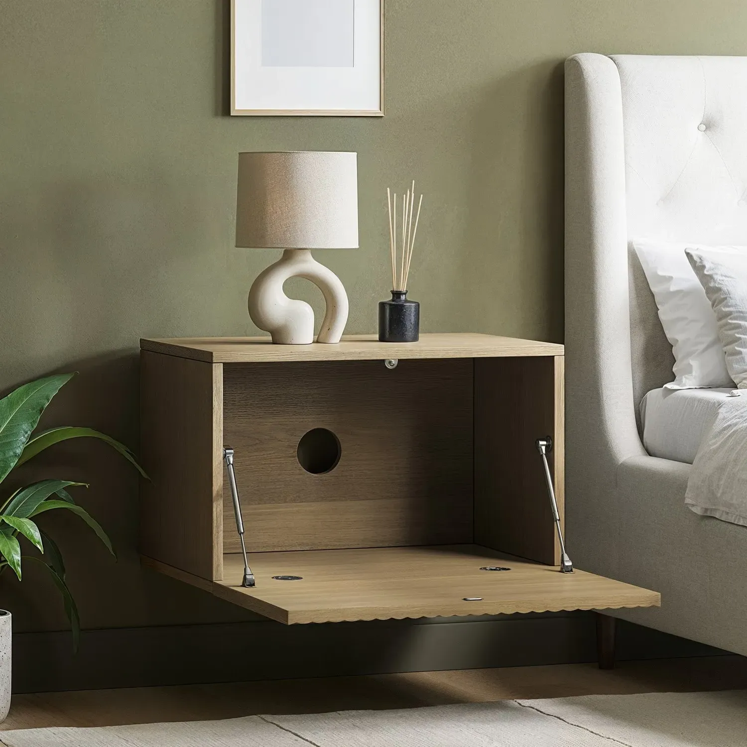 Wide Floating Bedside Table with Storage - Oak
