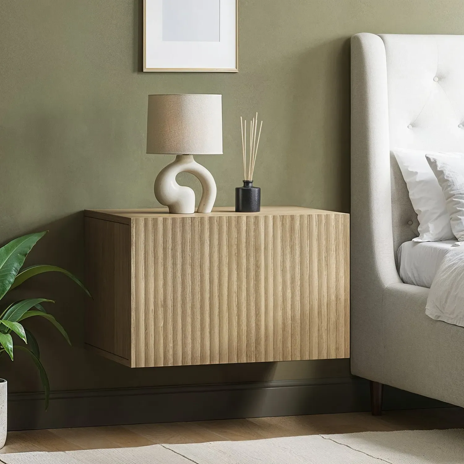 Wide Floating Bedside Table with Storage - Oak image