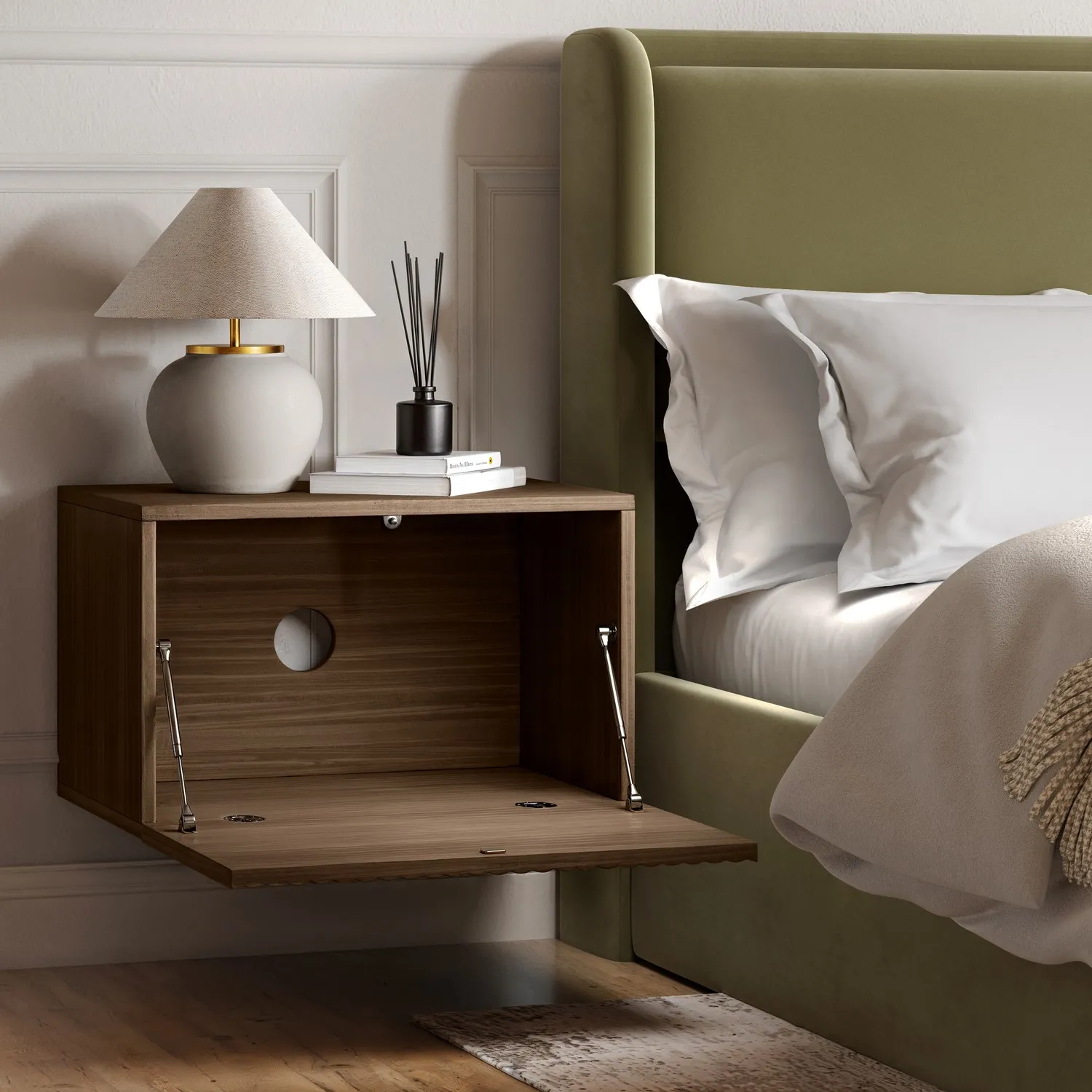 Wide Floating Bedside Table with Storage - Walnut