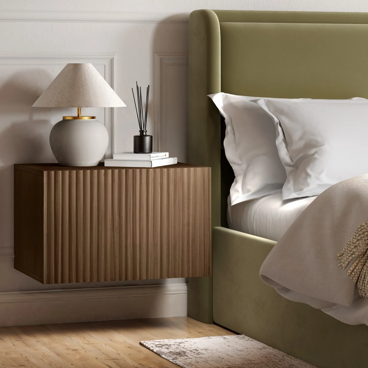 Wide Floating Bedside Table with Storage - Walnut