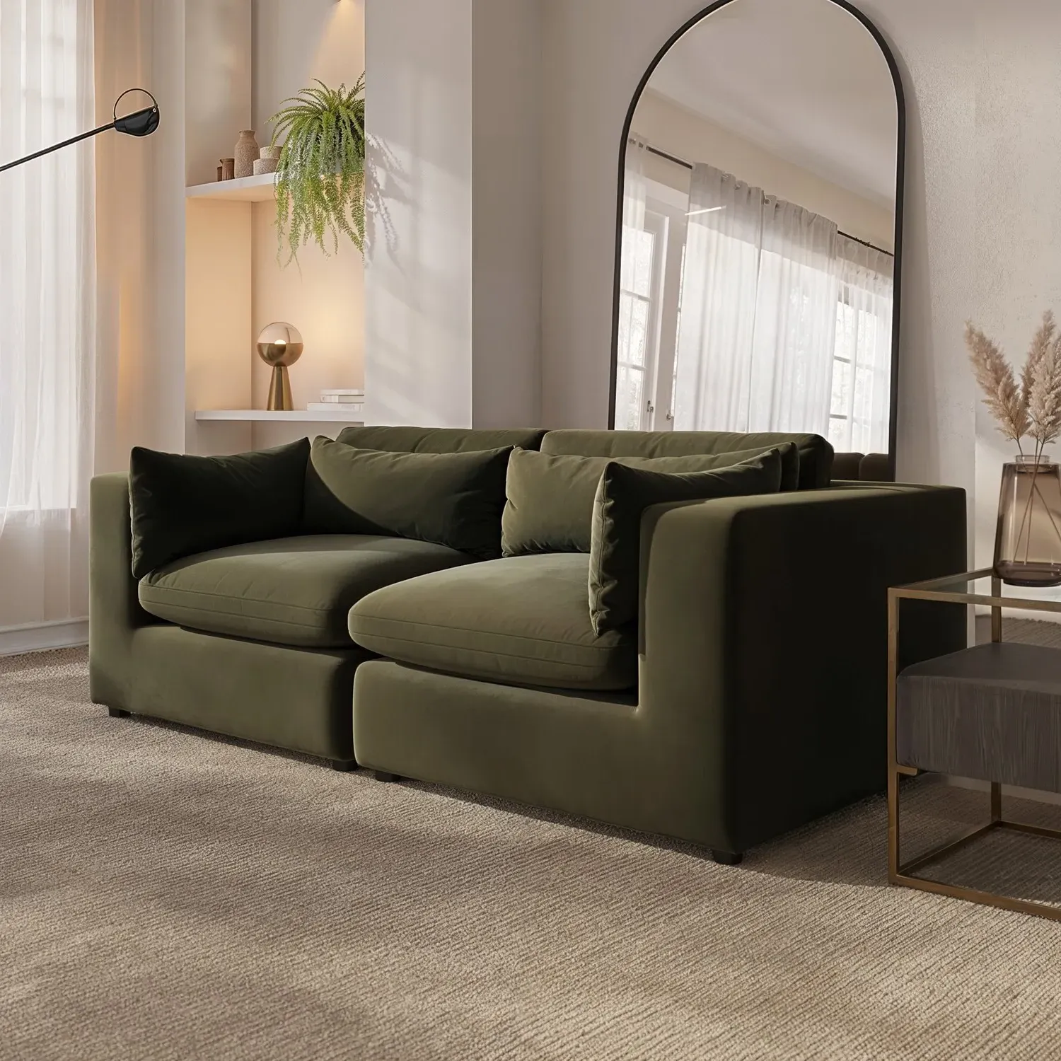 3-Seater Sofa with Removable Cushions - Green, Velvet