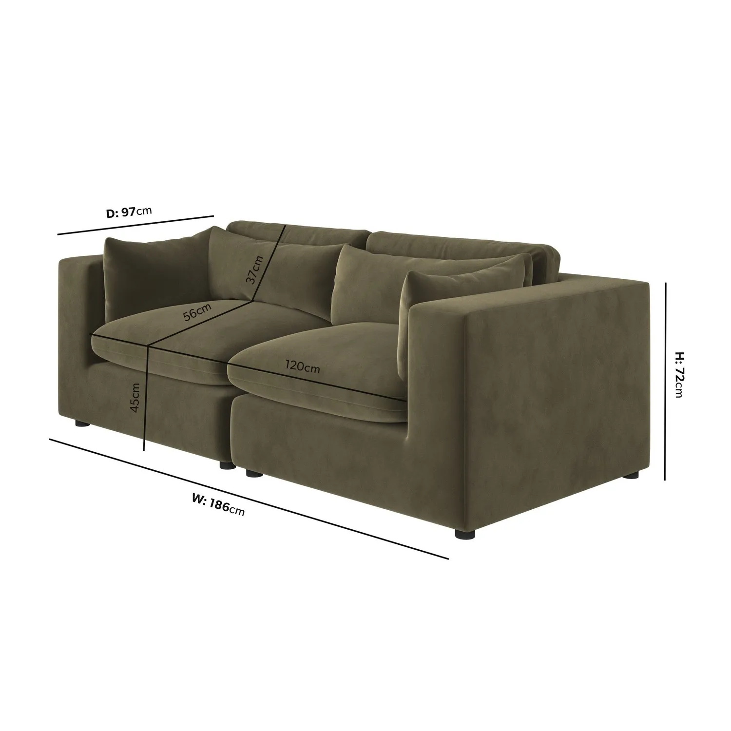 3-Seater Sofa with Removable Cushions - Green, Velvet