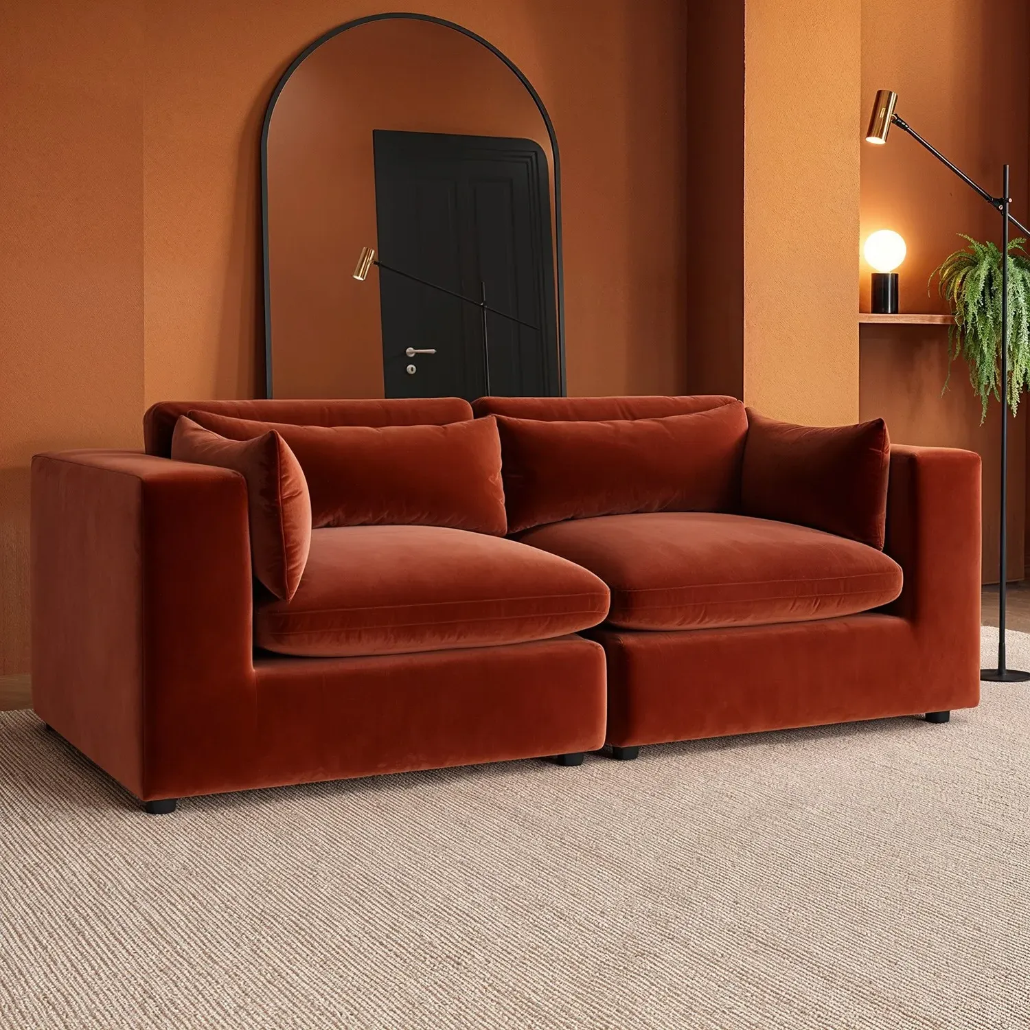 3-Seater Sofa with Removable Cushions - Orange, Velvet