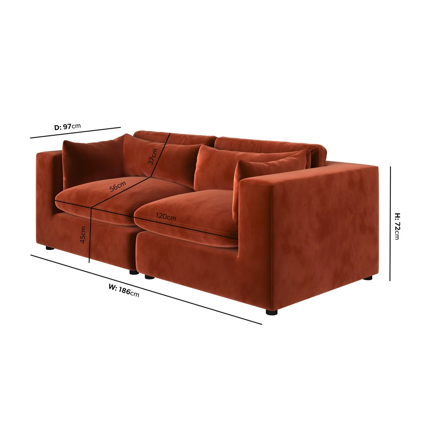 3-Seater Sofa with Removable Cushions - Orange, Velvet