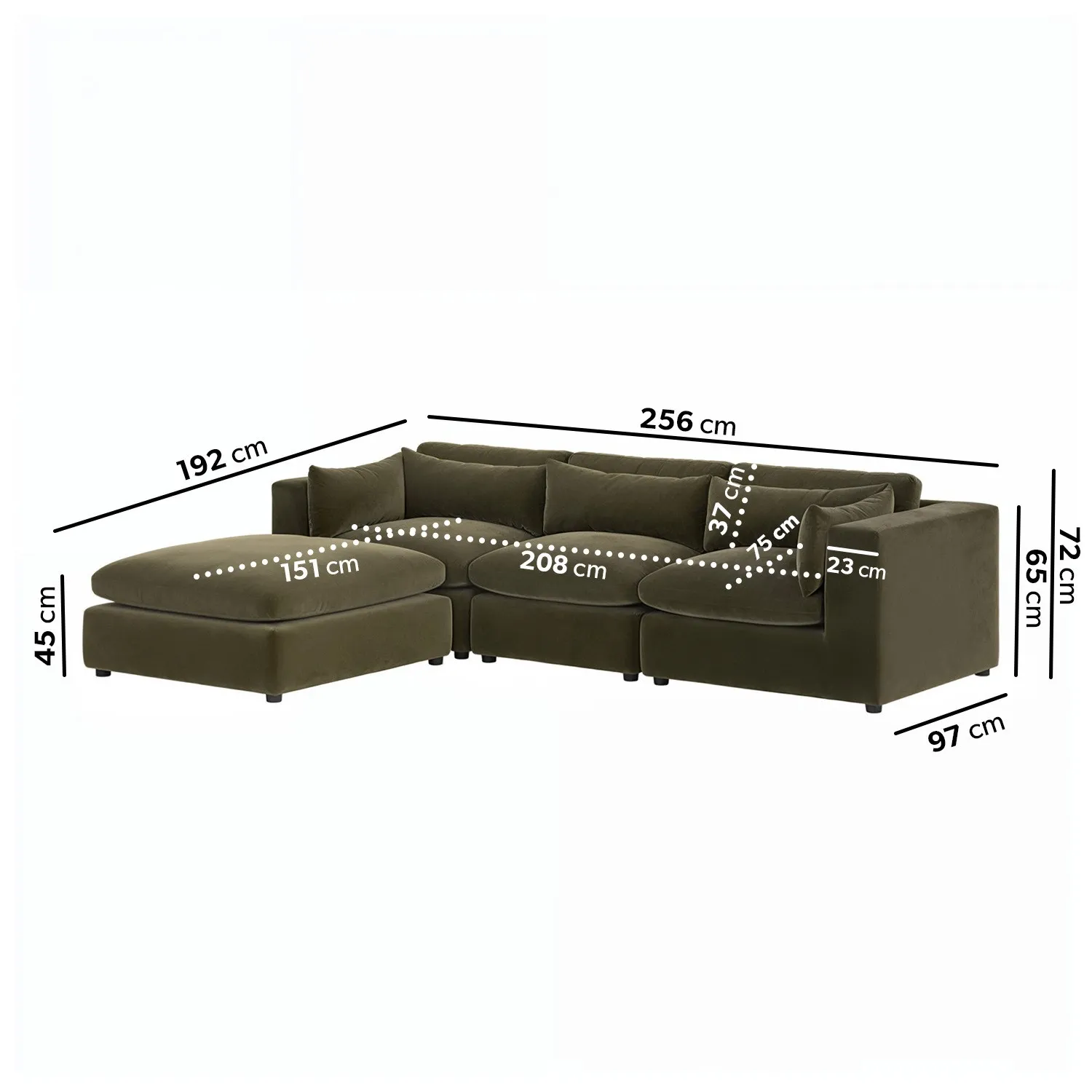 4-Seater Corner Sofa with Chaise - Green, Velvet