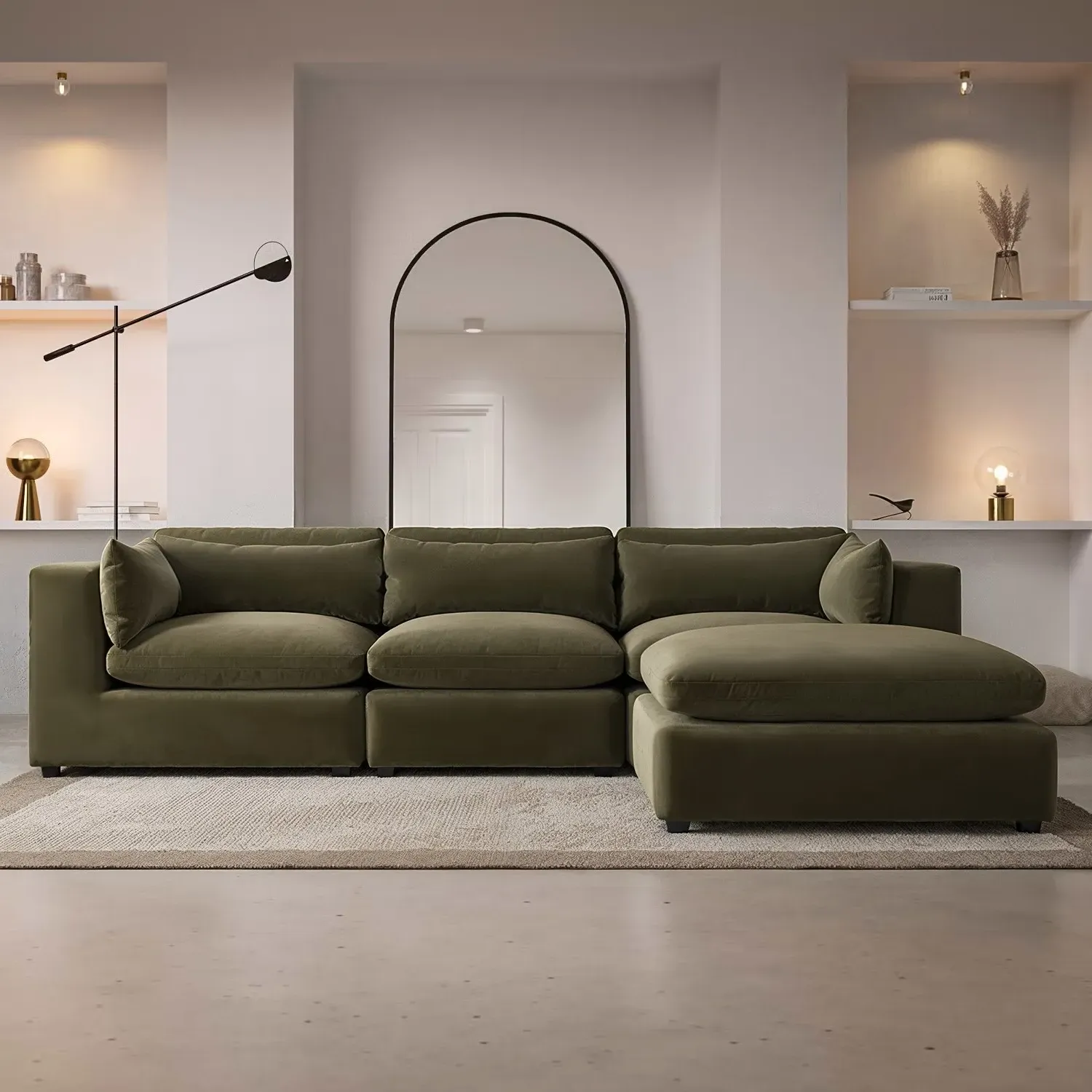 4-Seater Corner Sofa with Chaise - Green, Velvet