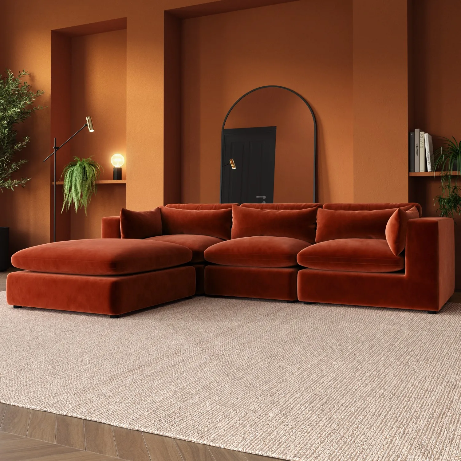 4-Seater Corner Sofa with Chaise - Orange, Velvet