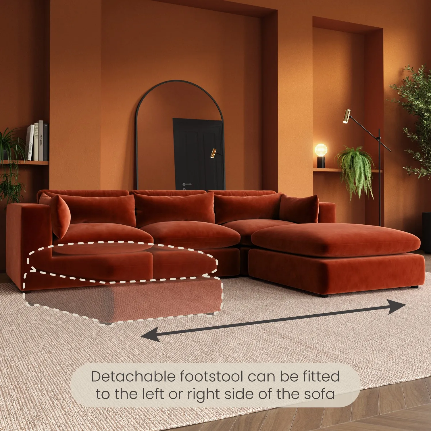 4-Seater Corner Sofa with Chaise - Orange, Velvet