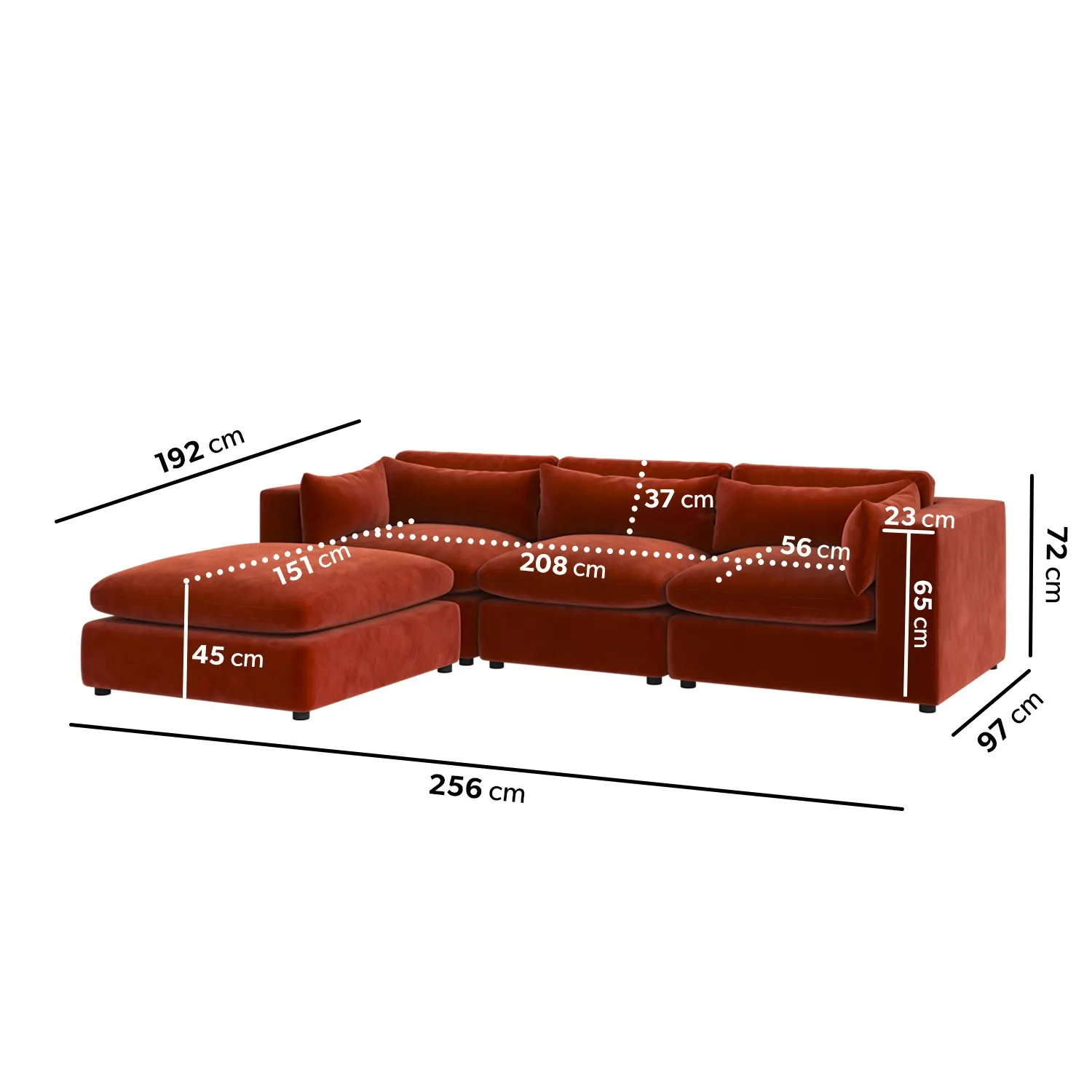 4-Seater Corner Sofa with Chaise - Orange, Velvet