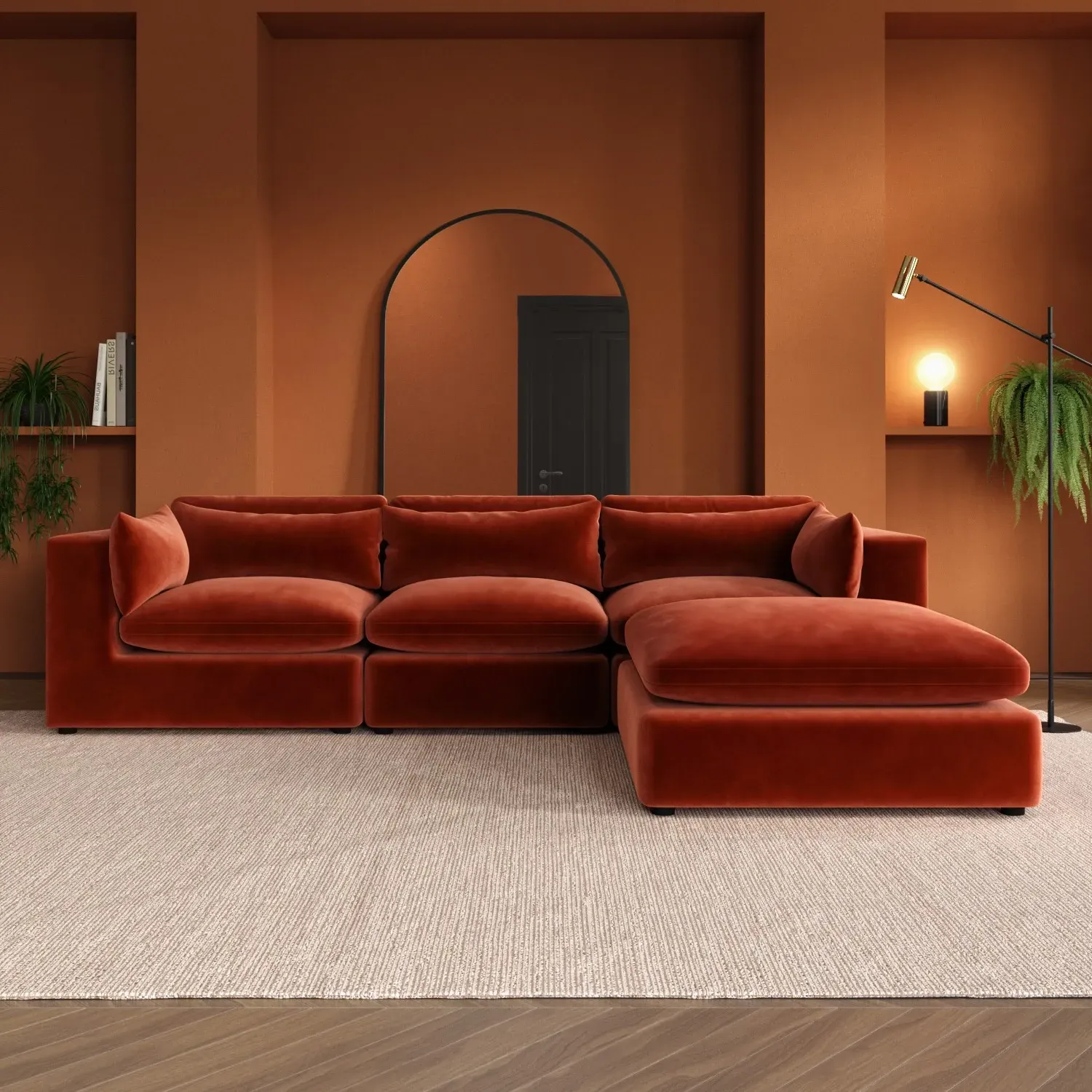 4-Seater Corner Sofa with Chaise - Orange, Velvet image
