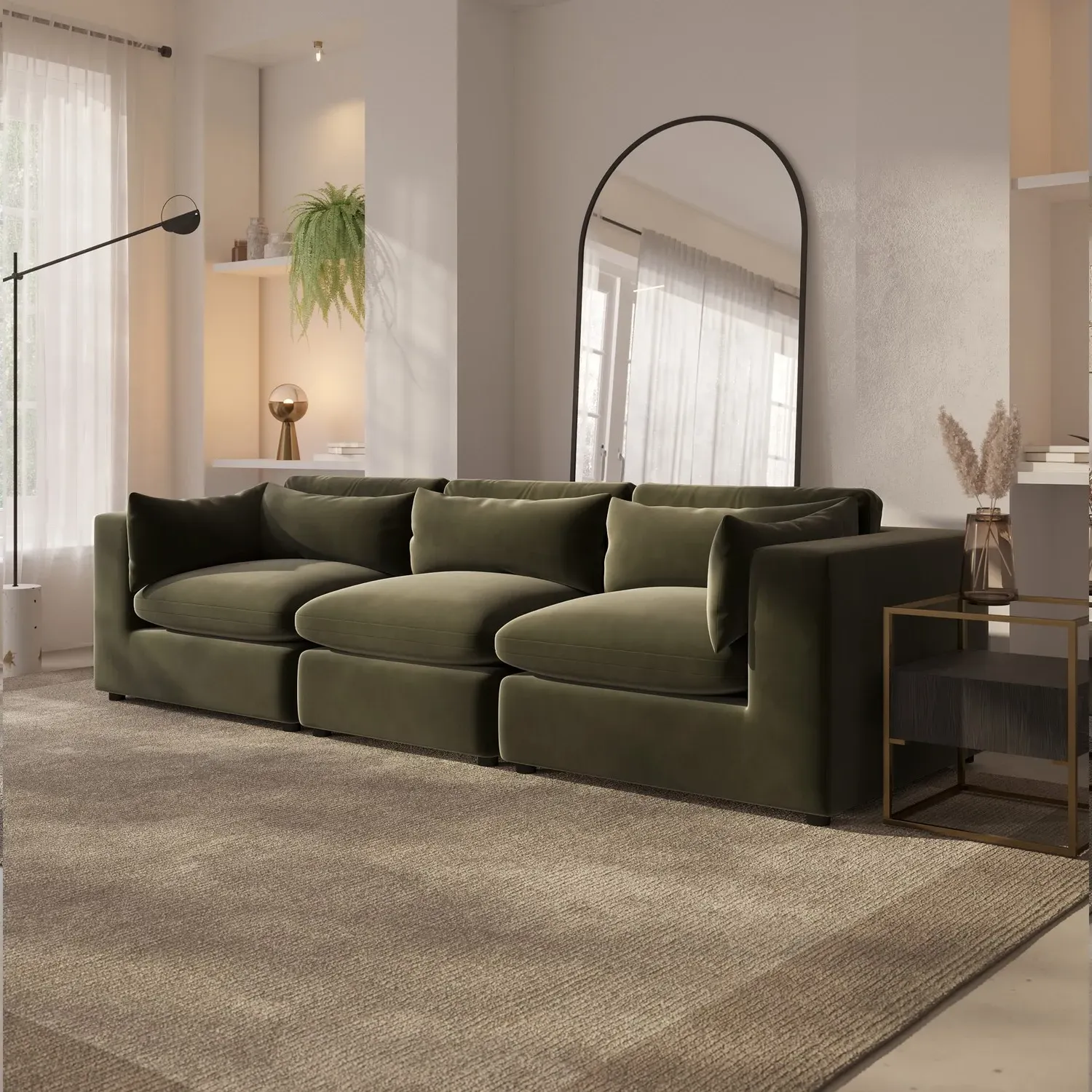 4-Seater Sofa with Removable Cushions - Green, Velvet