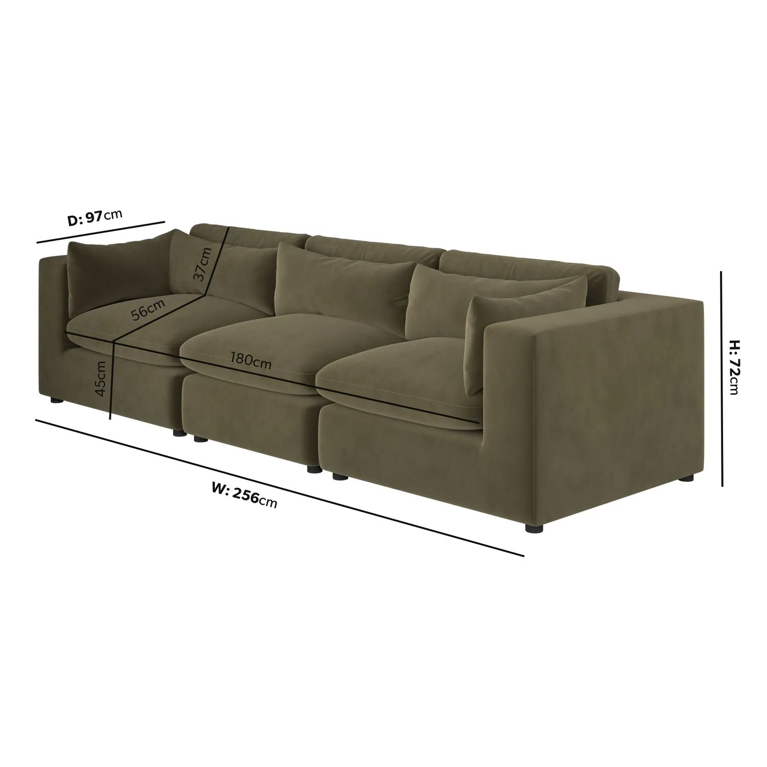 4-Seater Sofa with Removable Cushions - Green, Velvet
