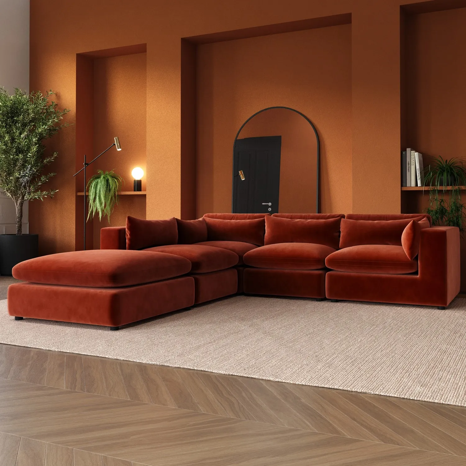 5-Seater Corner Sofa Modular - Orange, Velvet