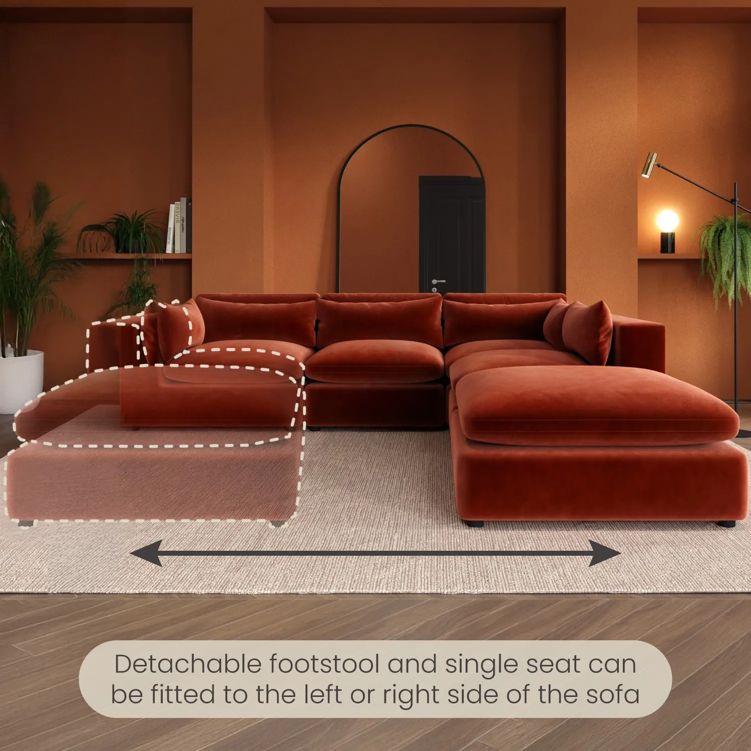 5-Seater Corner Sofa Modular - Orange, Velvet