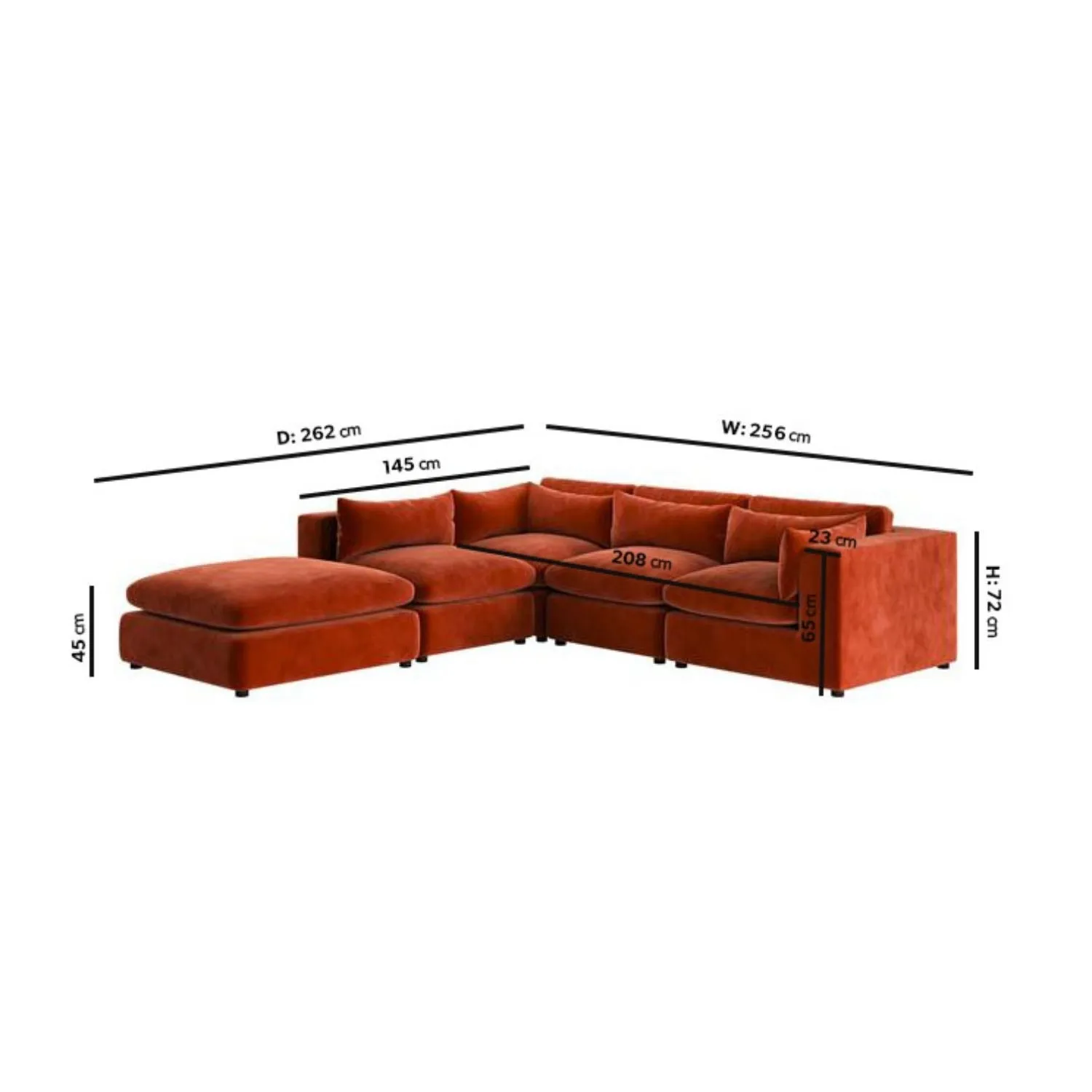 5-Seater Corner Sofa Modular - Orange, Velvet