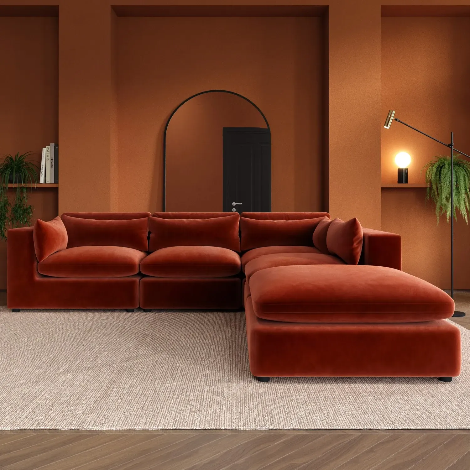 5-Seater Corner Sofa Modular - Orange, Velvet