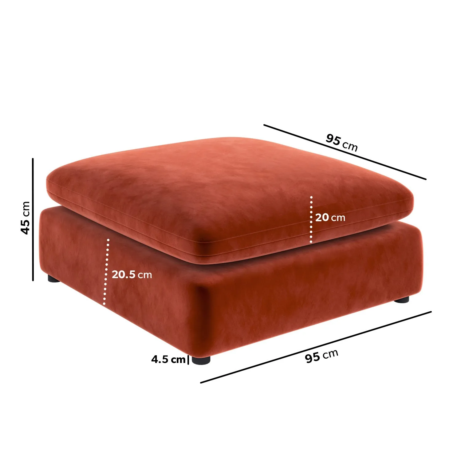 Large Footstool with Foam Fill - Orange, Velvet