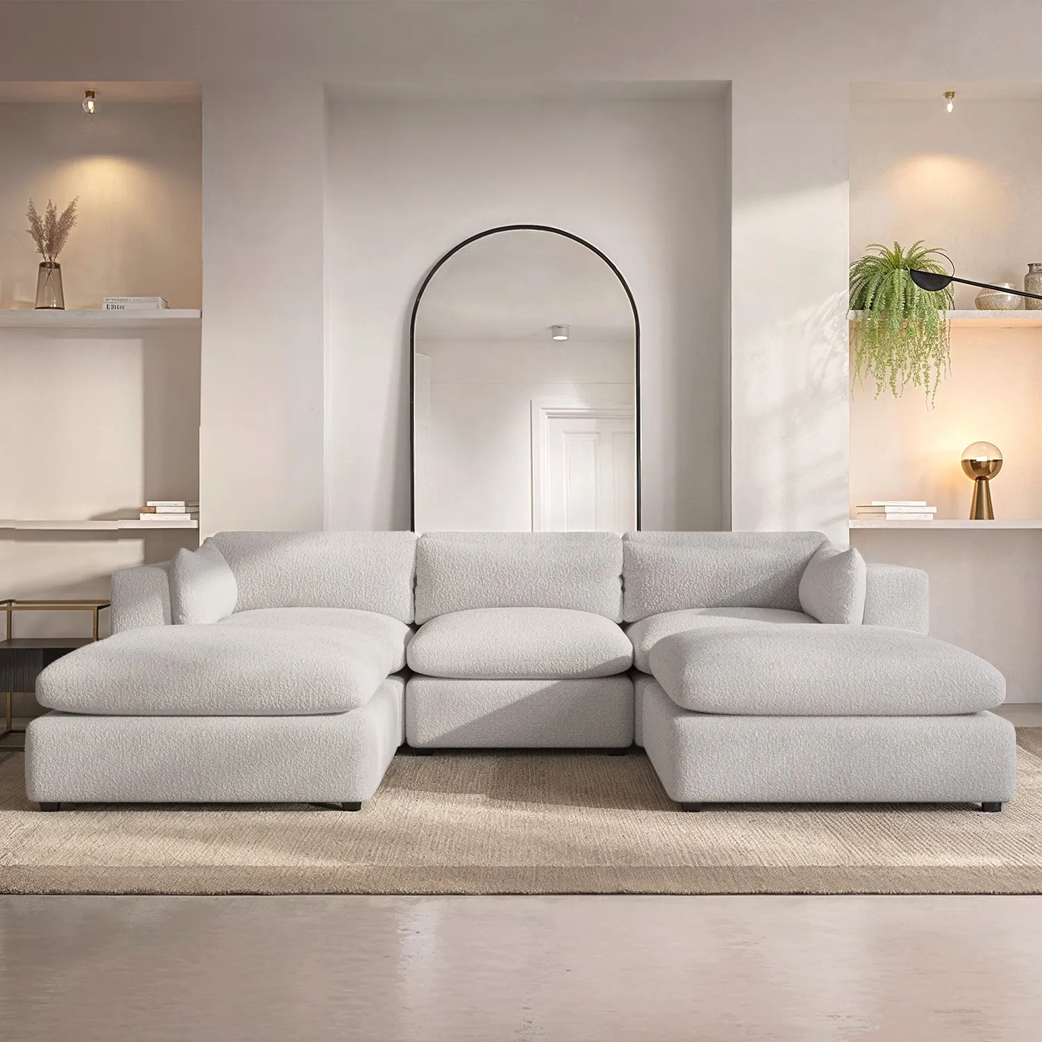 U-Shaped Sofa with Chaise - Beige, Boucle