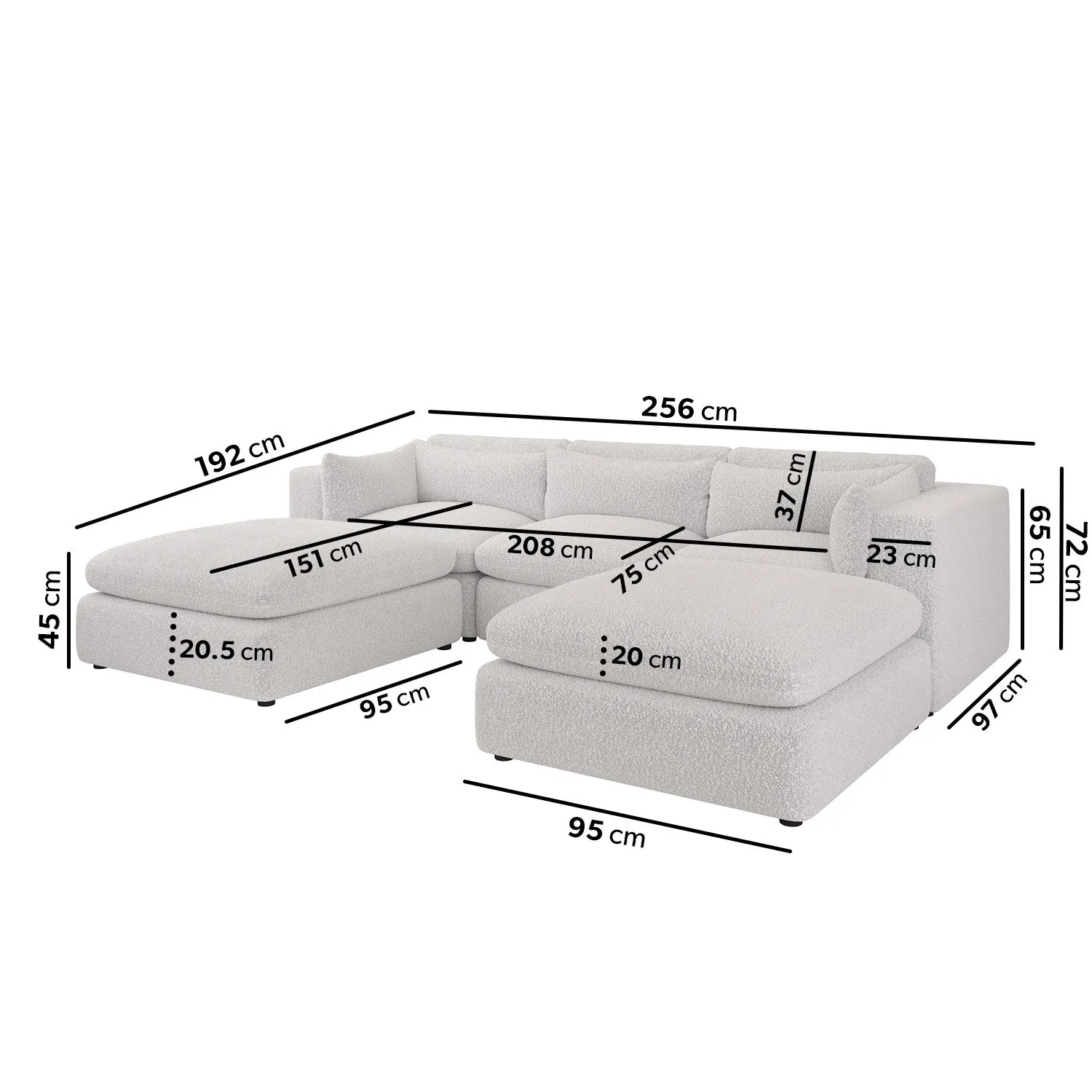 U-Shaped Sofa with Chaise - Beige, Boucle