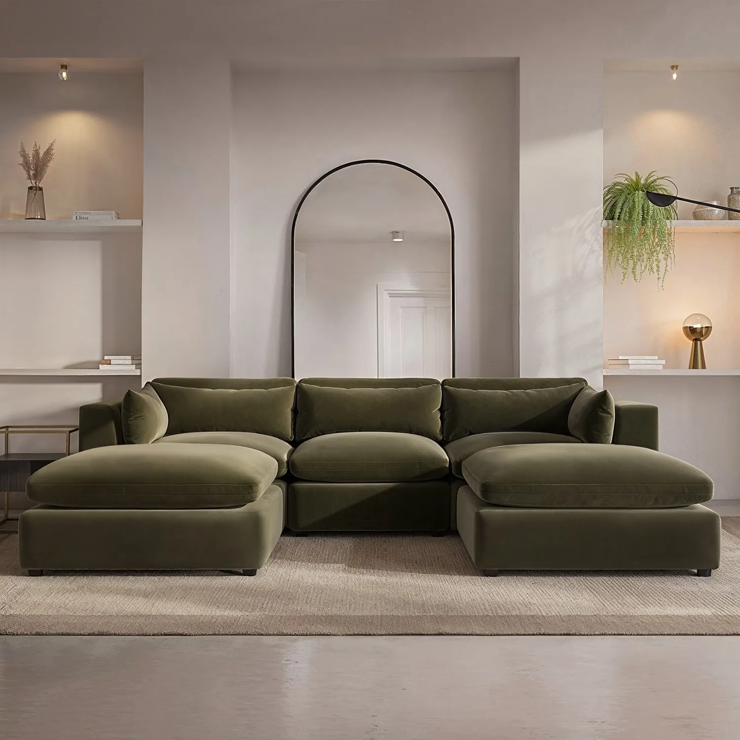 U-Shaped Sofa with Footstool - Green, Velvet