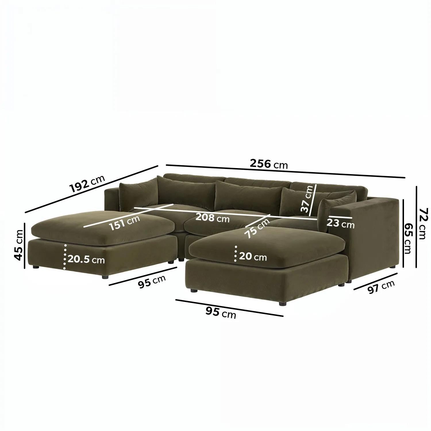 U-Shaped Sofa with Footstool - Green, Velvet