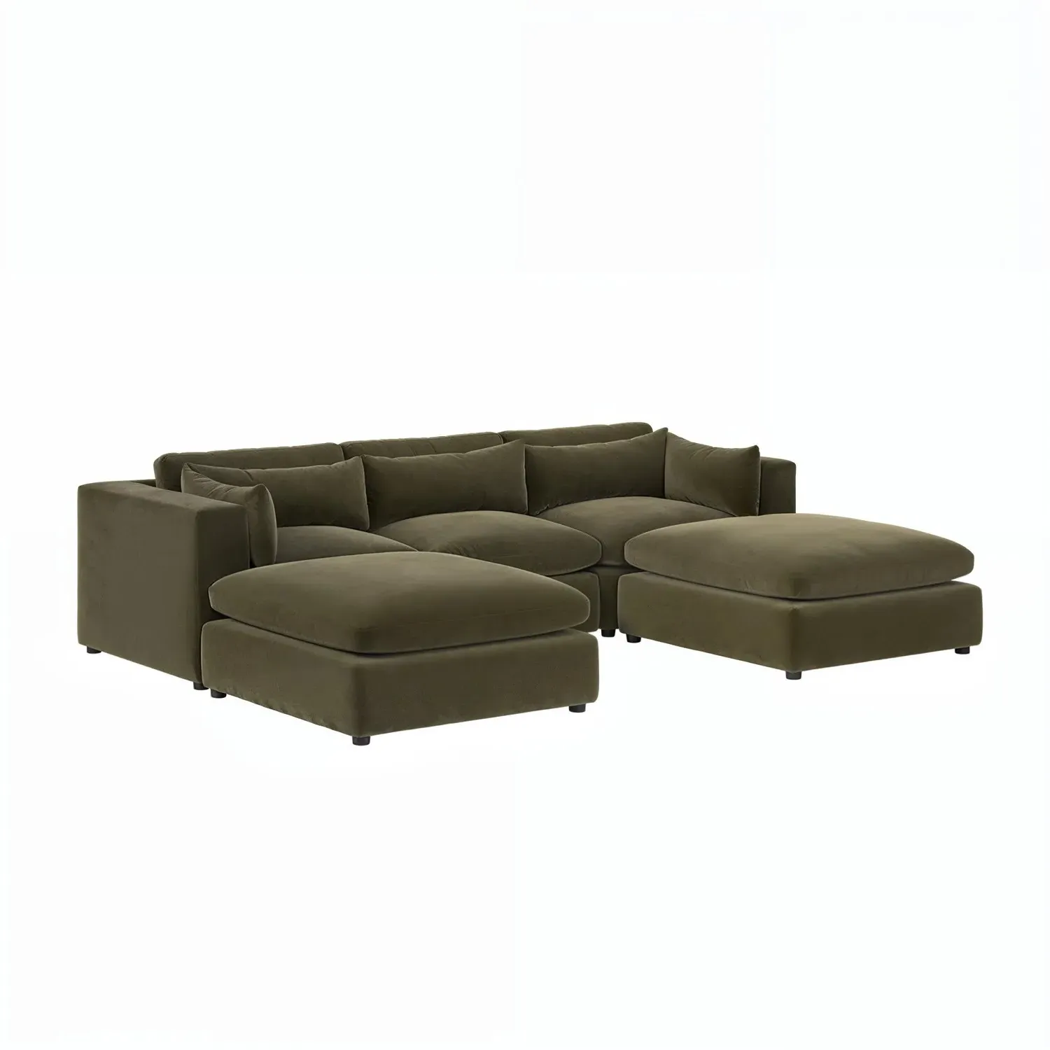 U-Shaped Sofa with Footstool - Green, Velvet