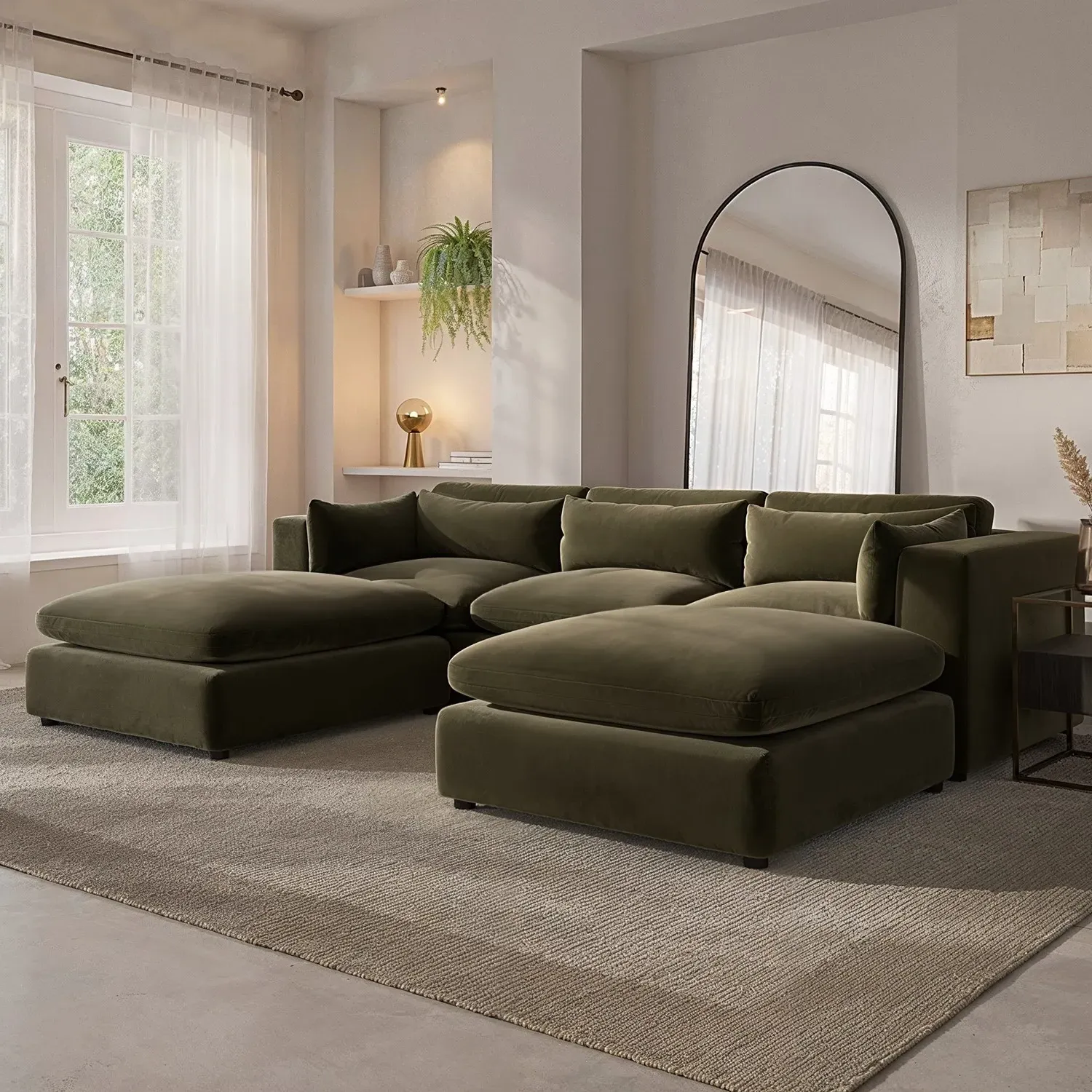 U-Shaped Sofa with Footstool - Green, Velvet