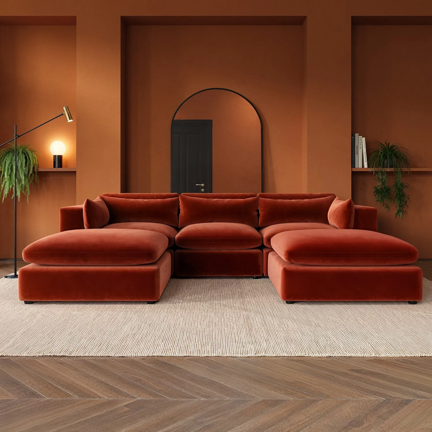 U-Shaped Sofa with Footstool - Orange, Velvet