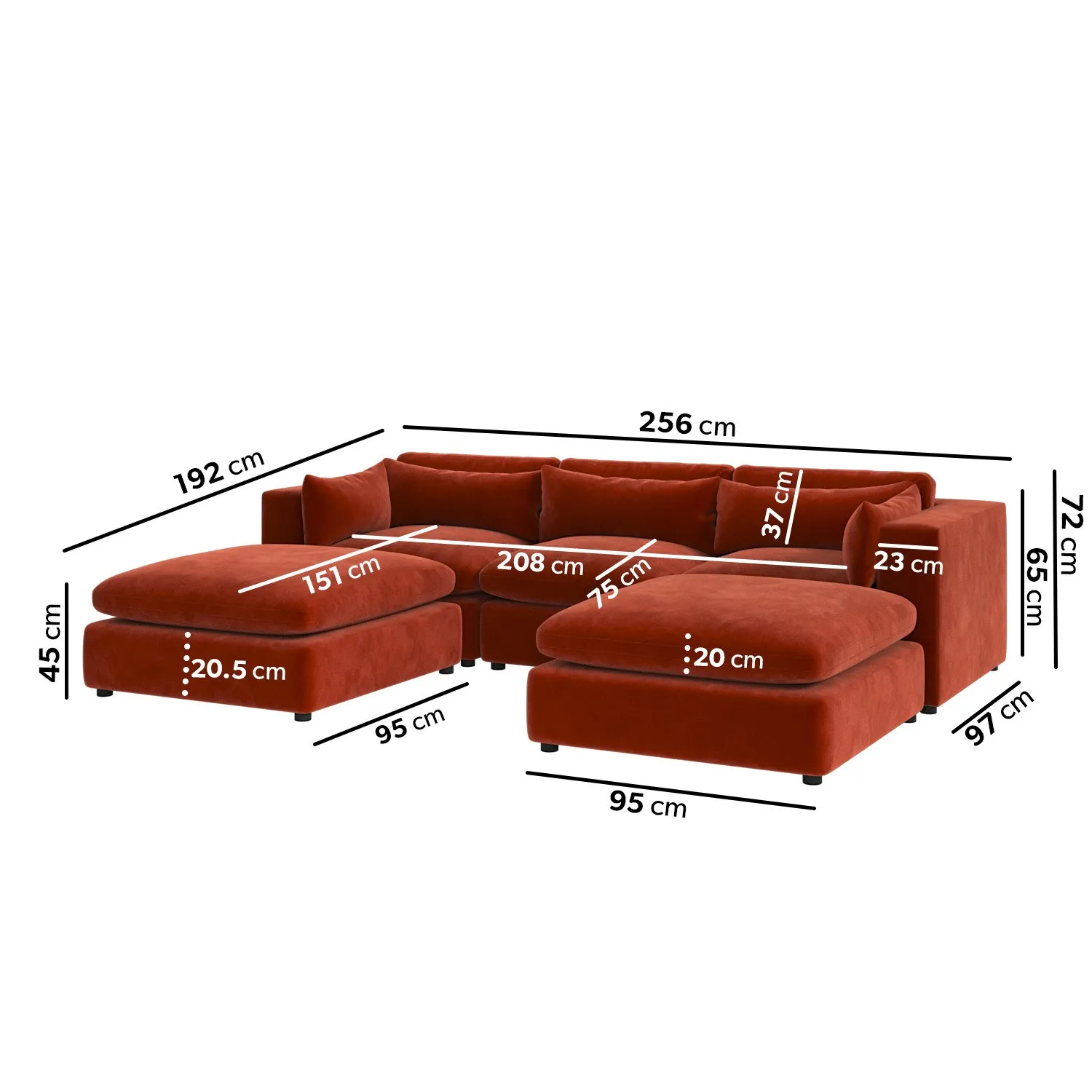 U-Shaped Sofa with Footstool - Orange, Velvet