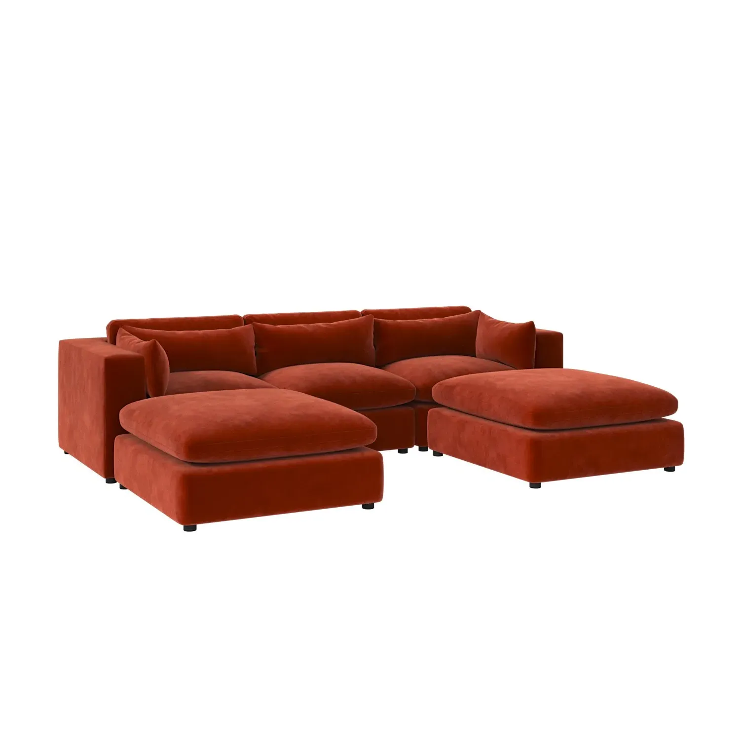 U-Shaped Sofa with Footstool - Orange, Velvet