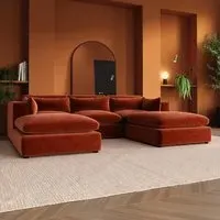 U-Shaped Sofa with Footstool - Orange, Velvet