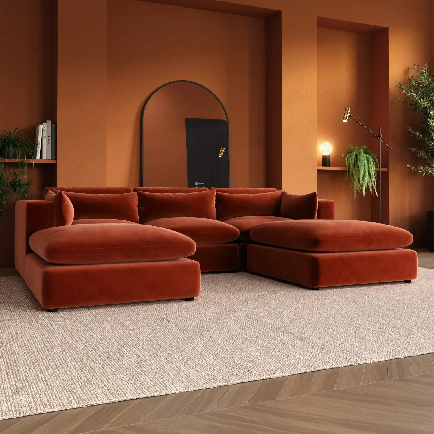 U-Shaped Sofa with Footstool - Orange, Velvet image