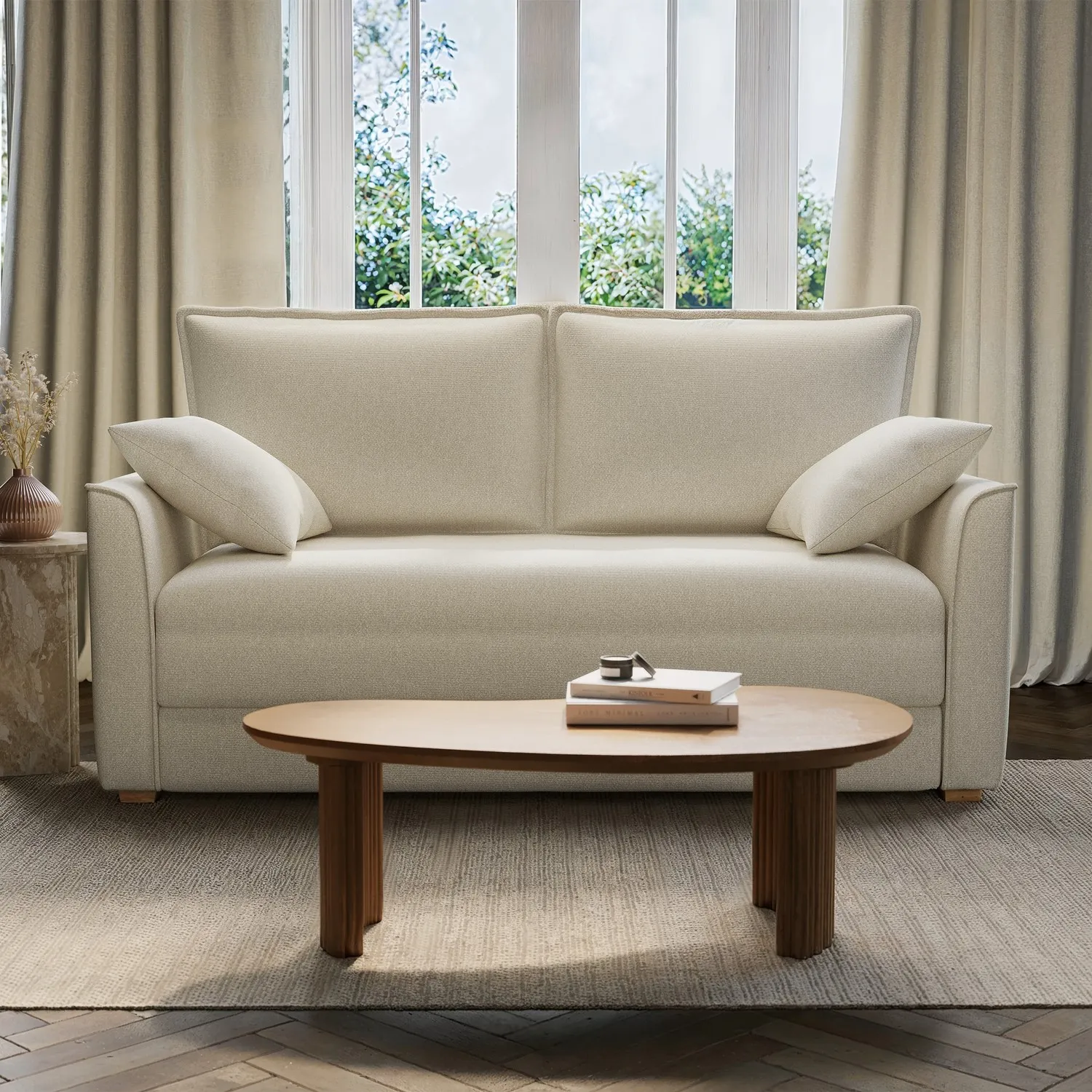 2-Seater Pull Out Sofa Bed - Beige, Fabric