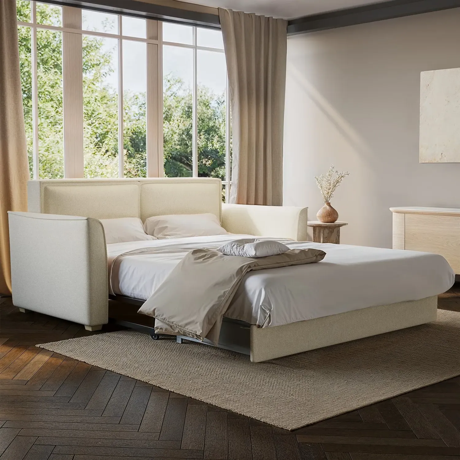 2-Seater Pull Out Sofa Bed - Beige, Fabric