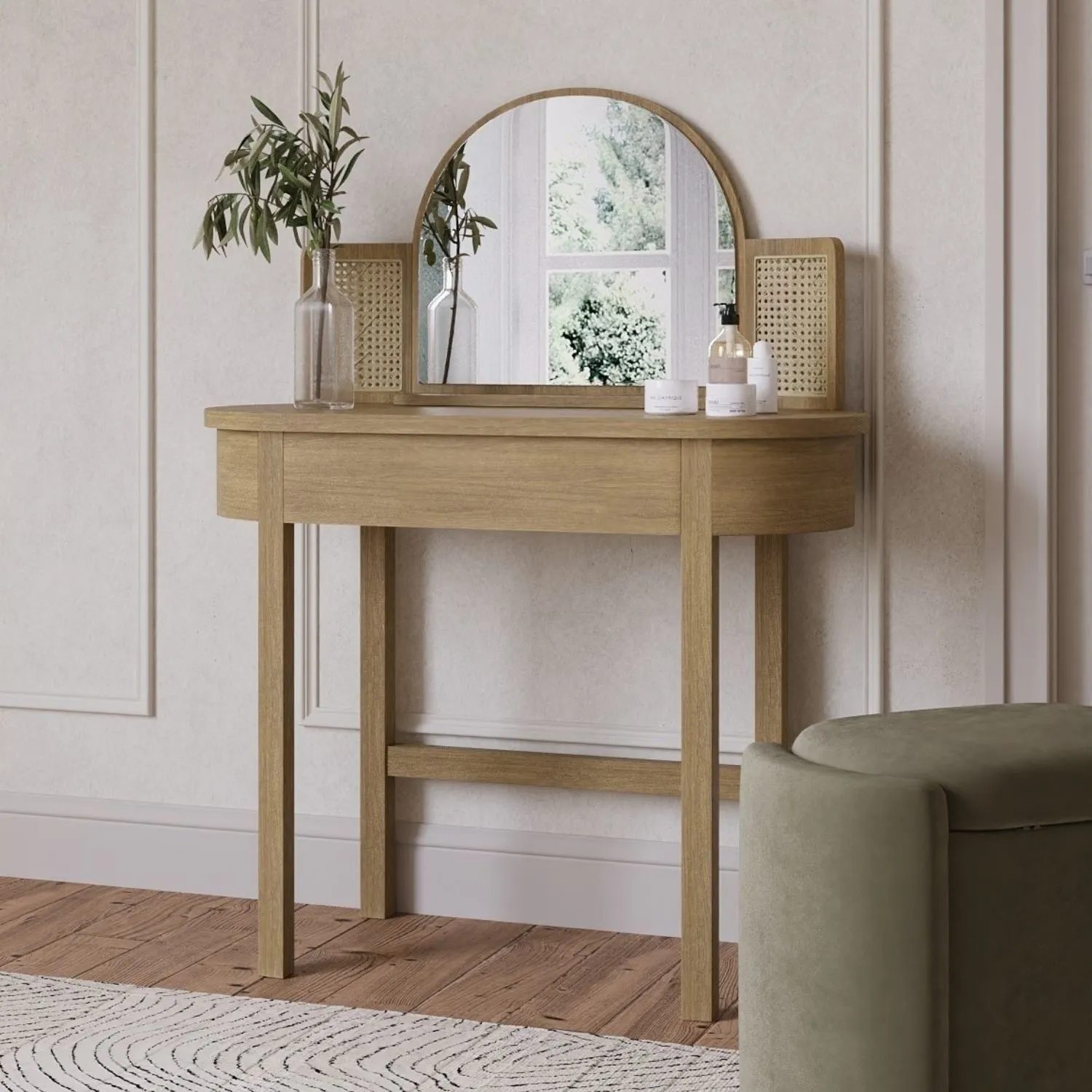 Dressing Table with Mirror and Drawer - Wood, Oak