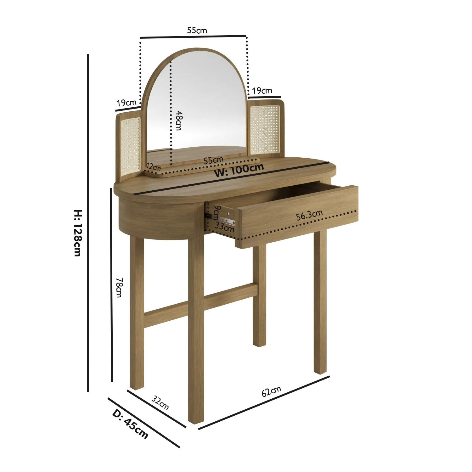 Dressing Table with Mirror and Drawer - Wood, Oak