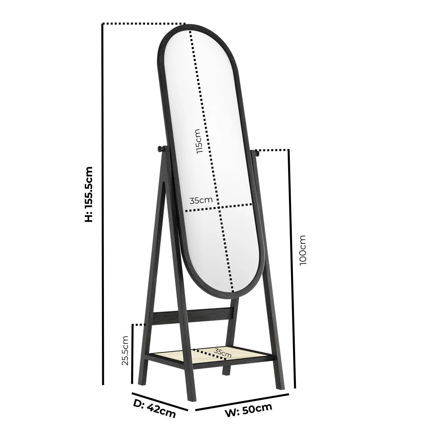Full Length Oval Mirror with Shelf - Black, Oak