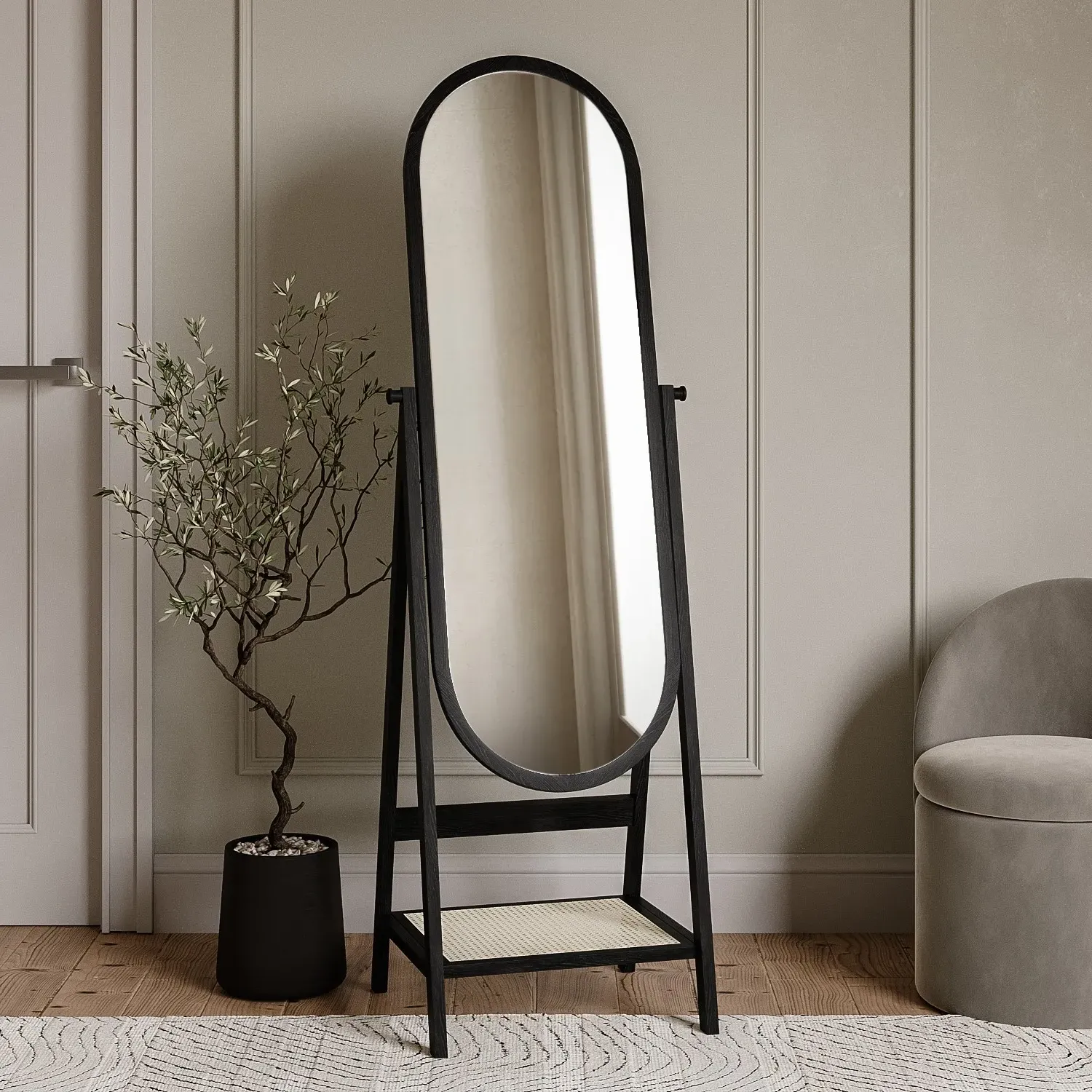 Full Length Oval Mirror with Shelf - Black, Oak image
