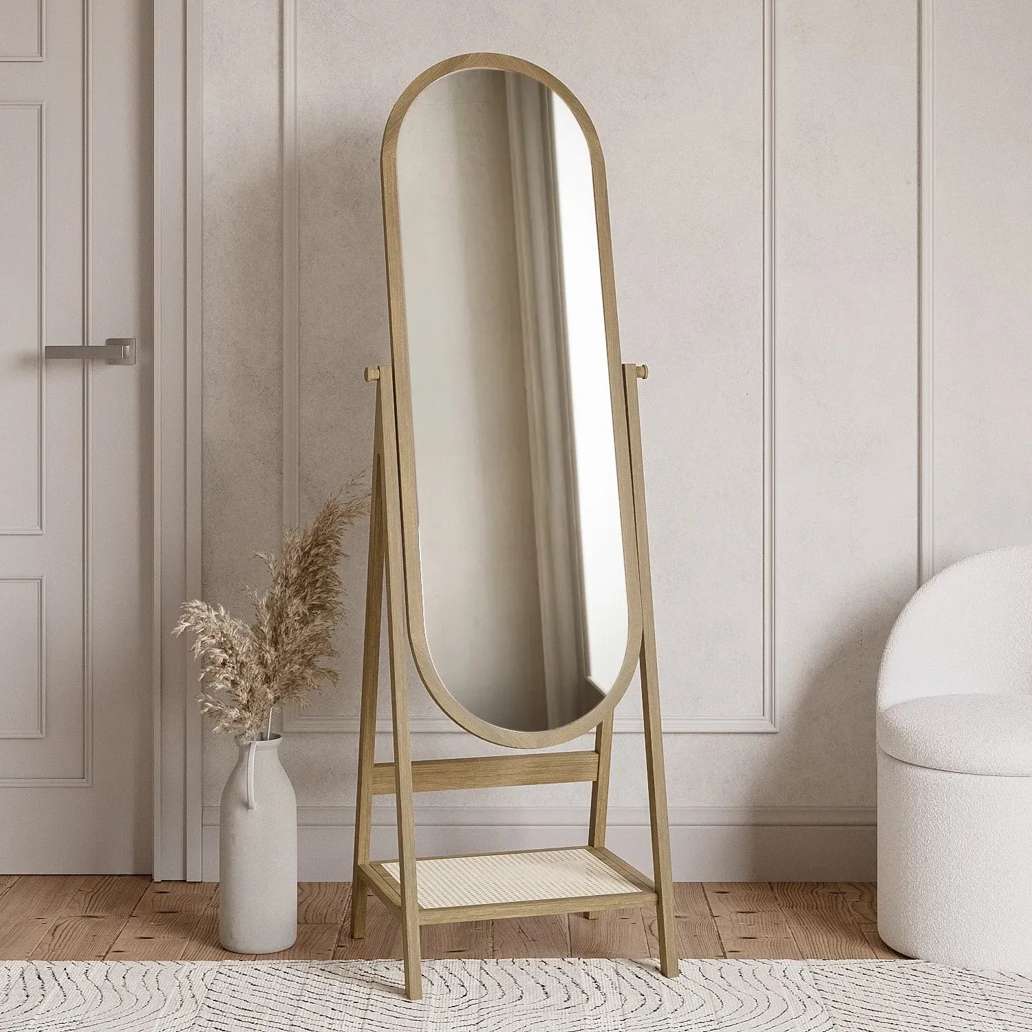 Full Length Oval Mirror with Shelf - Brown, Oak