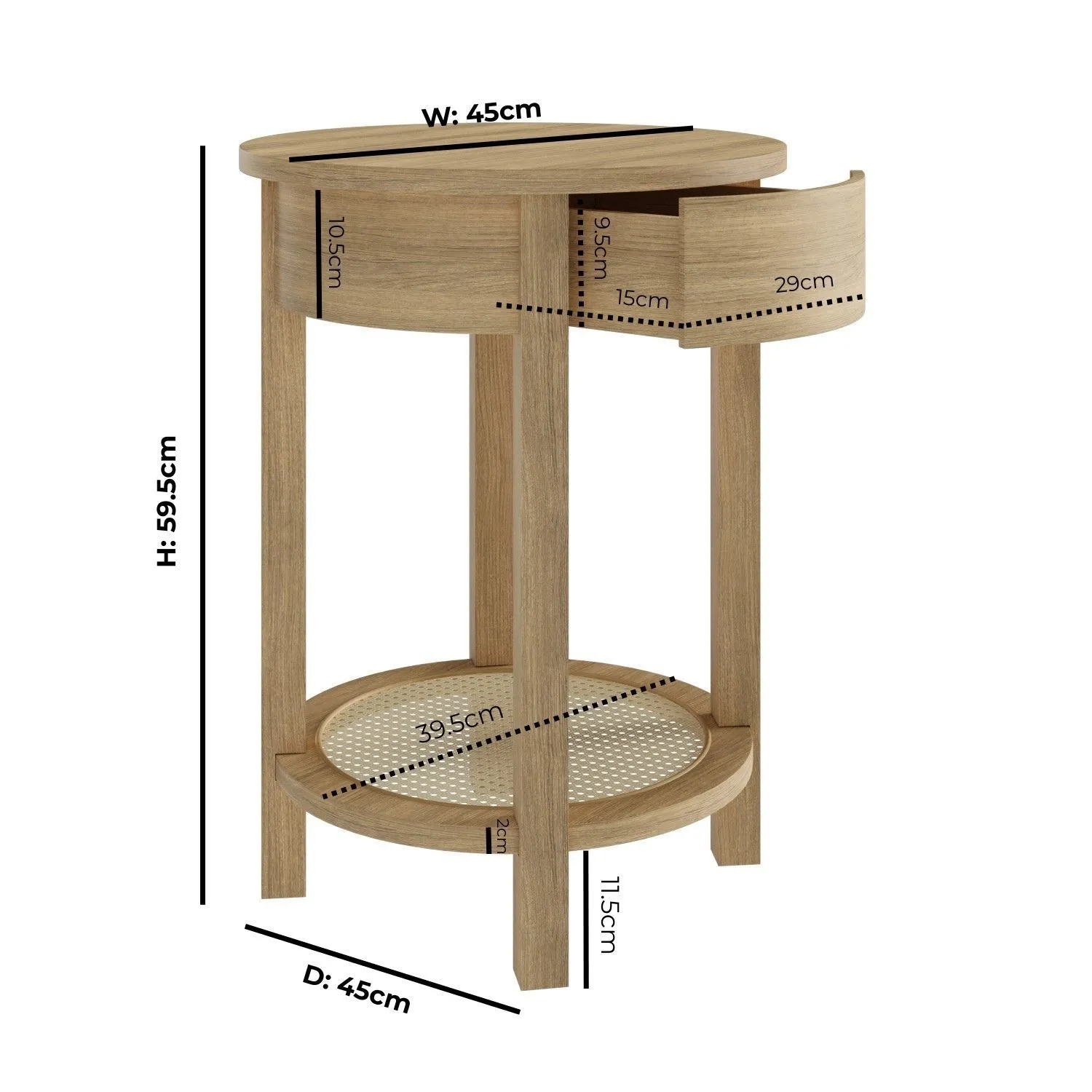 Round Bedside Table with Drawer - Oak