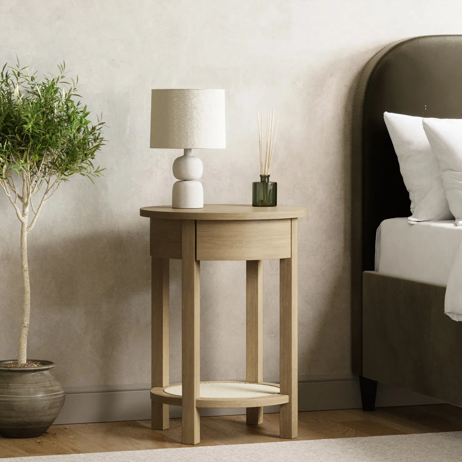 Round Bedside Table with Drawer - Oak image