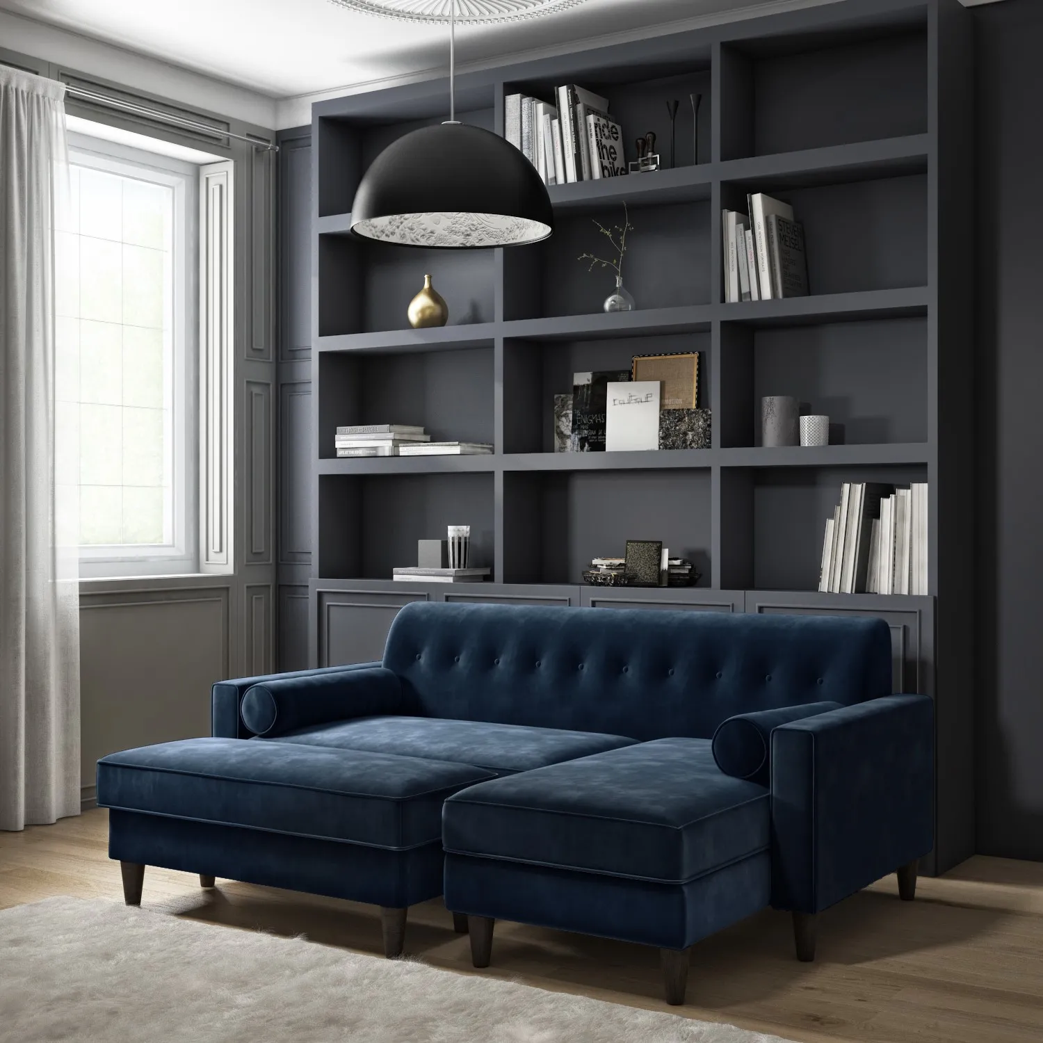 Large Footstool with Detachable Legs - Navy, Velvet