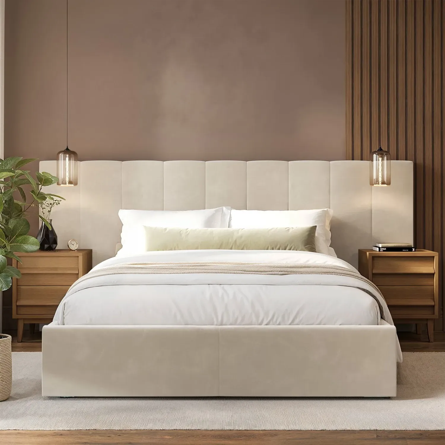 Double Ottoman Bed with Storage - Beige, Velvet