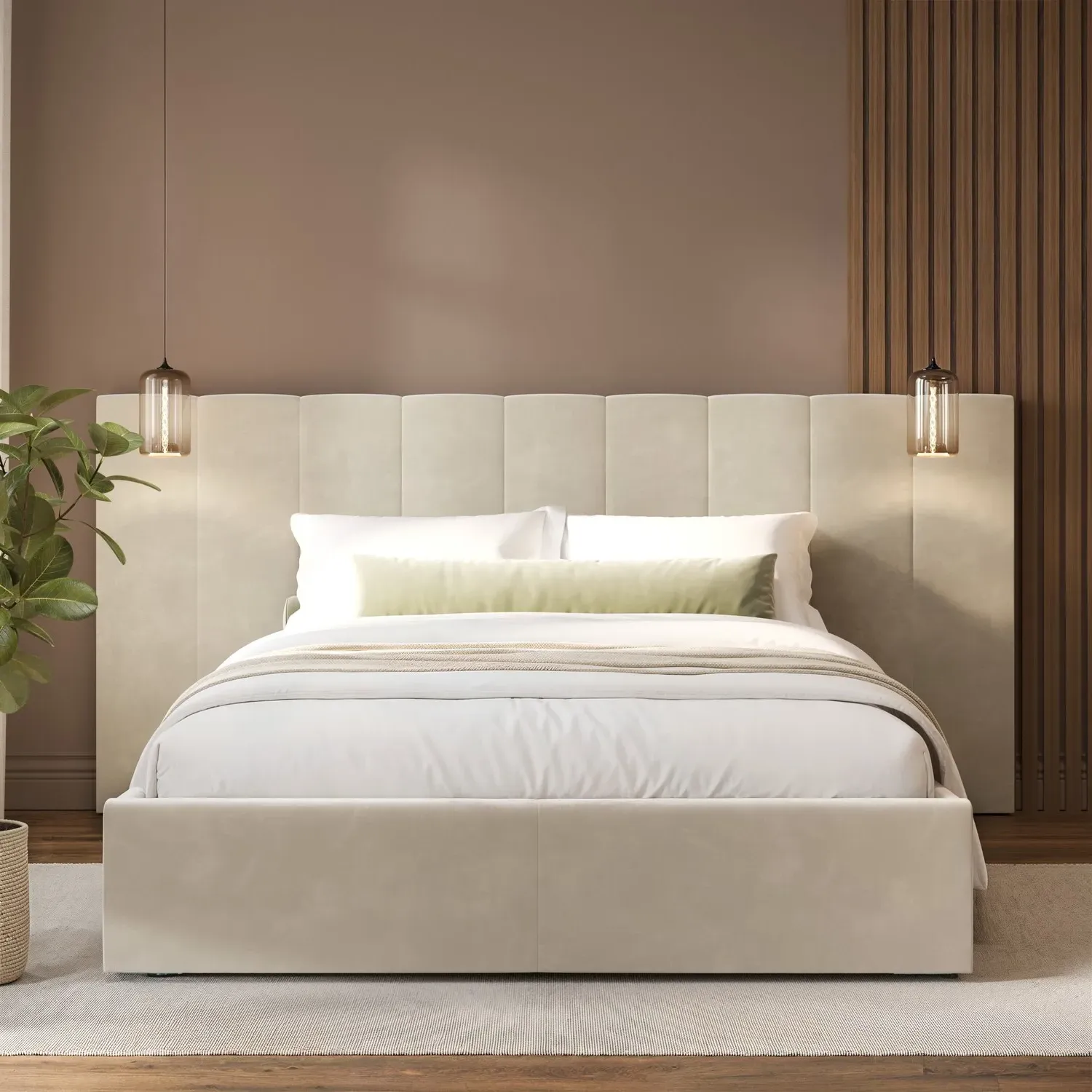Double Ottoman Bed with Storage - Beige, Velvet