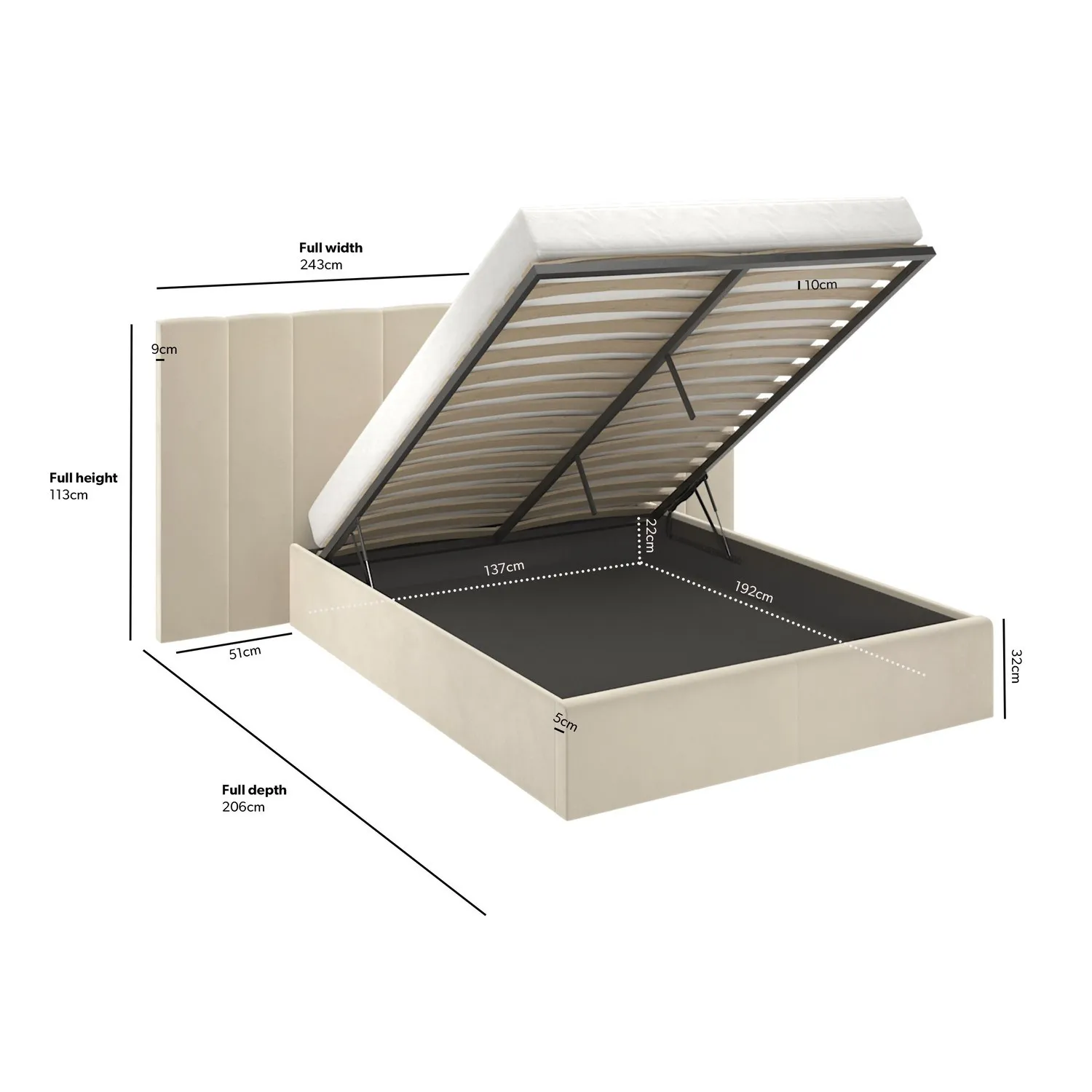 Double Ottoman Bed with Storage - Beige, Velvet