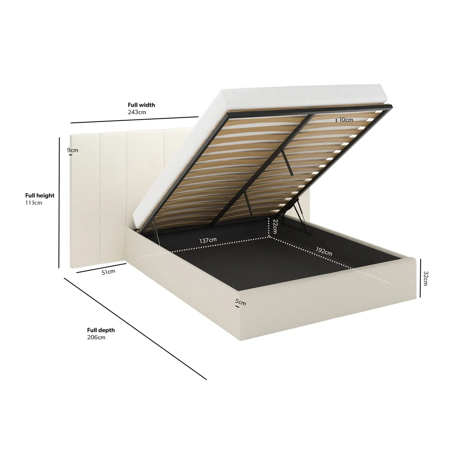 Double Ottoman Bed with Storage - Cream, Fabric