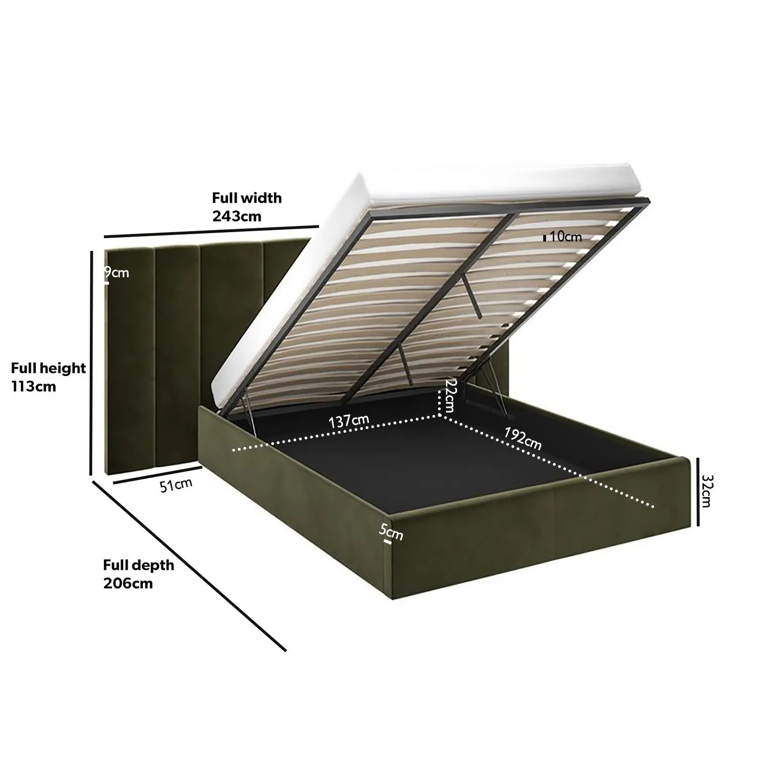 Double Ottoman Bed with Storage - Green, Velvet
