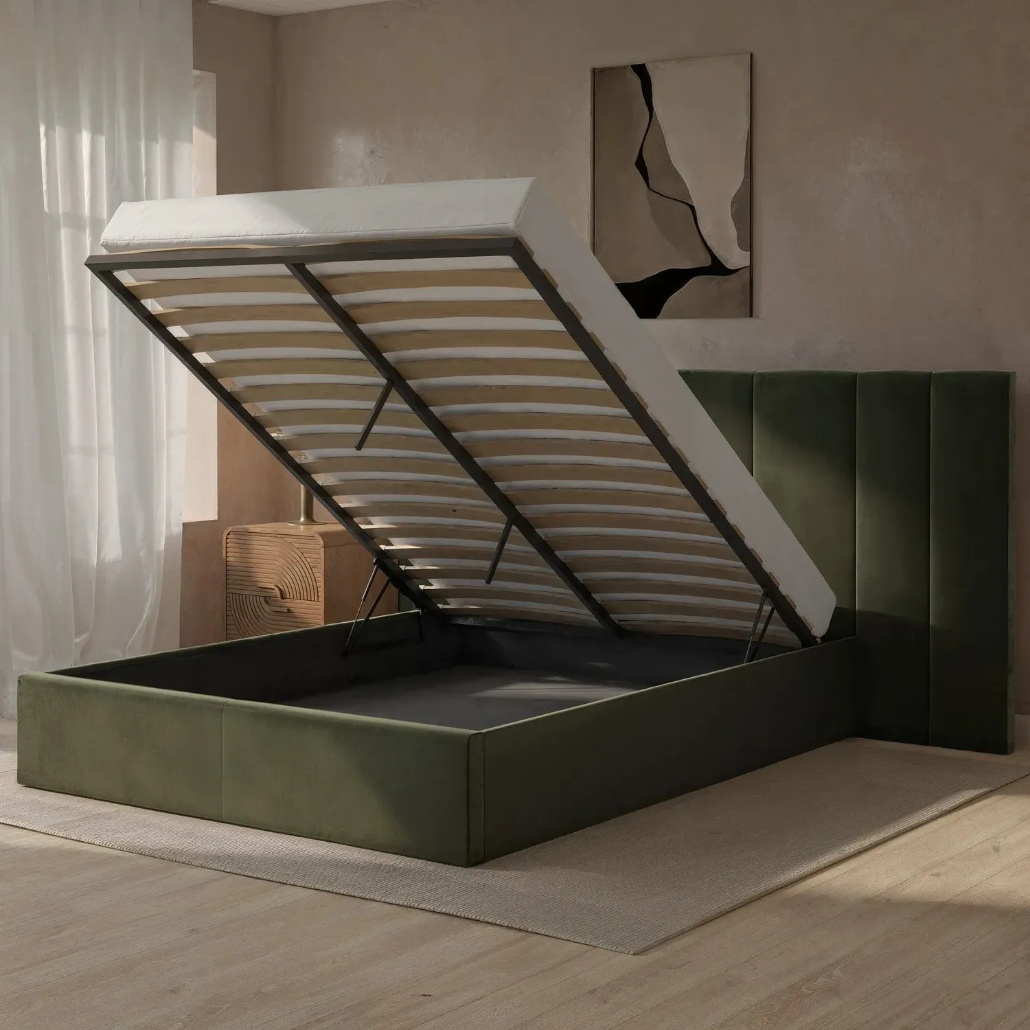 Double Ottoman Bed with Storage - Green, Velvet