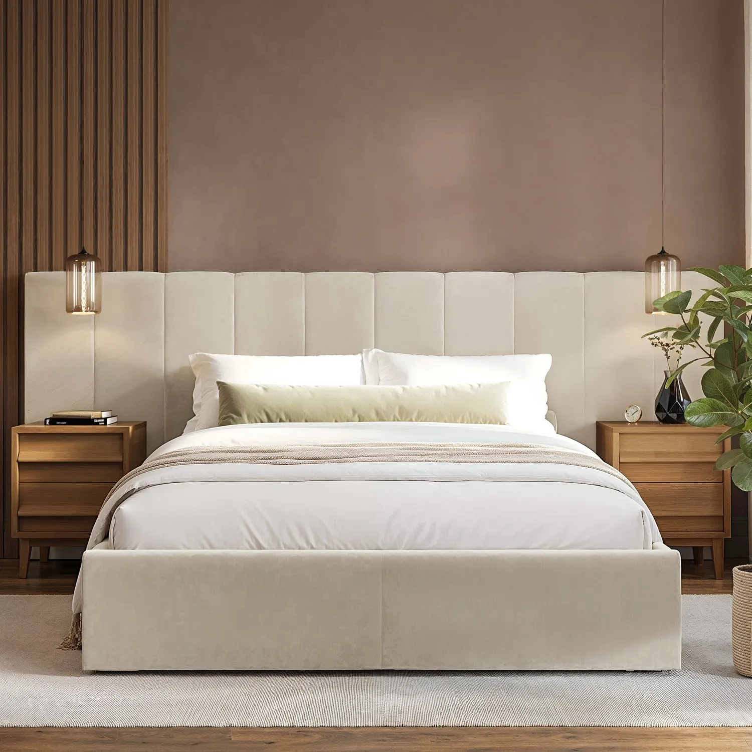 King Size Ottoman Bed with Storage - Beige, Velvet