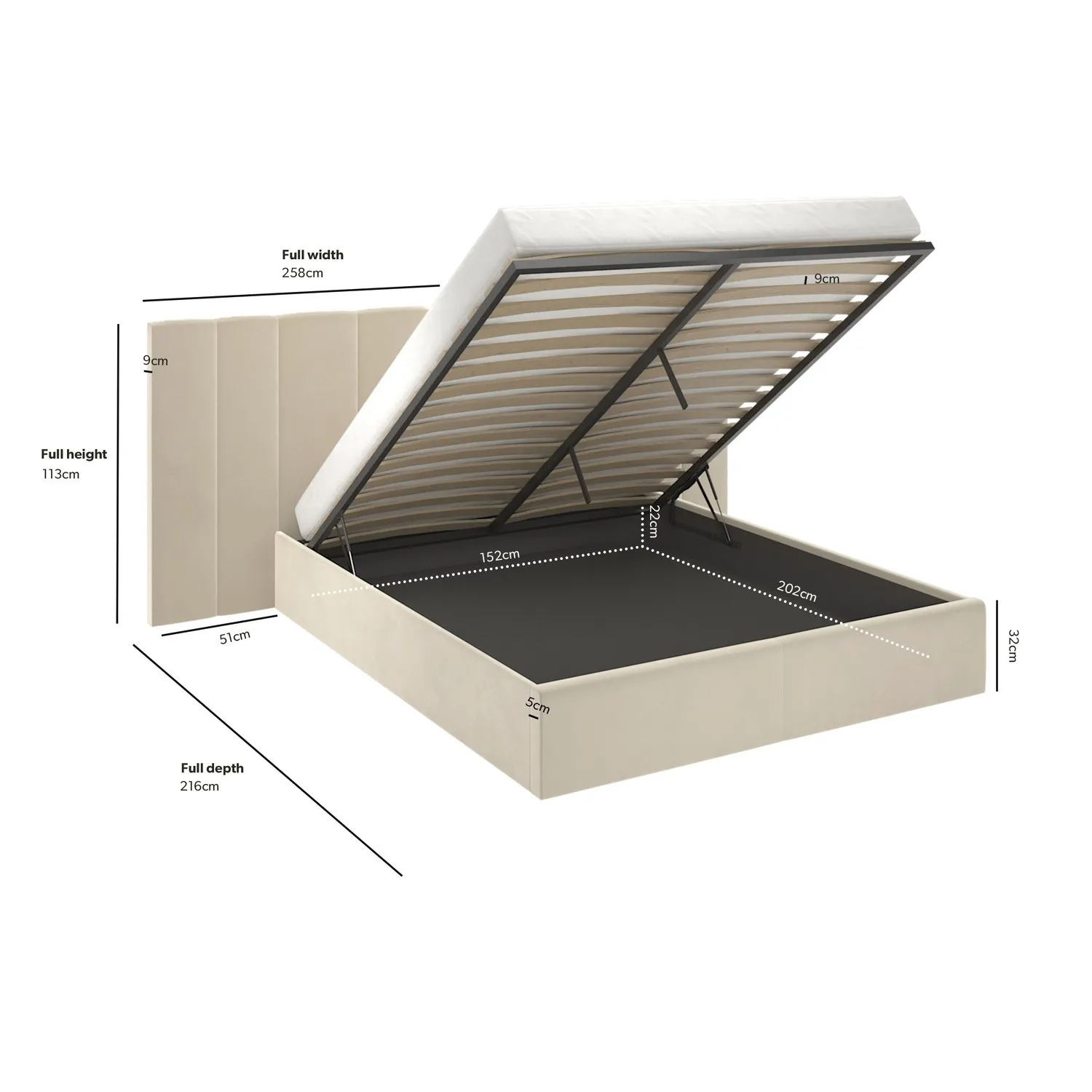 King Size Ottoman Bed with Storage - Beige, Velvet